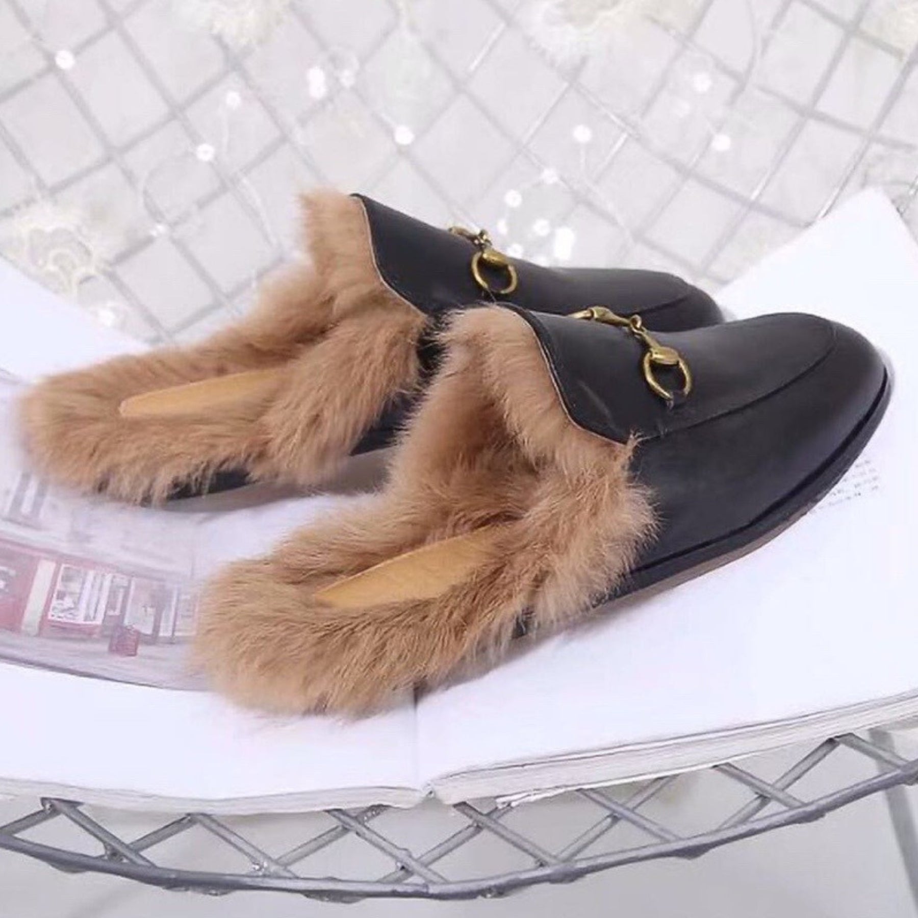 GG Princetown Black Leather Mule with Fur