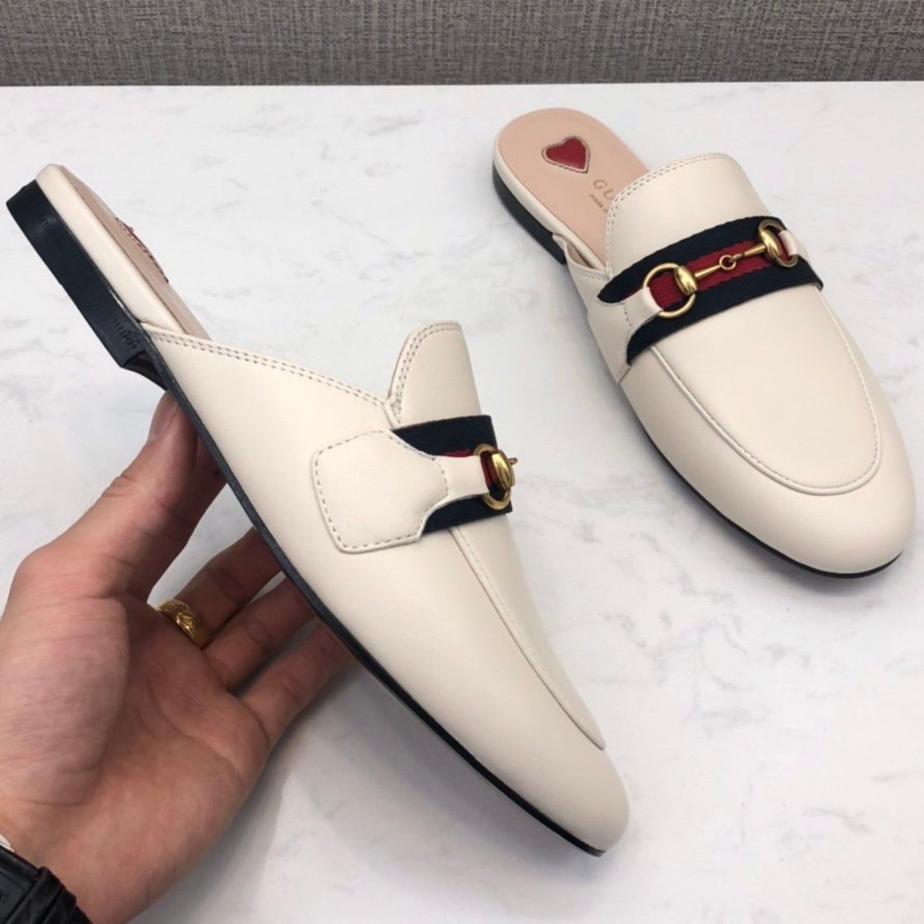 GG Princetown Off-White Leather Mule with Strap