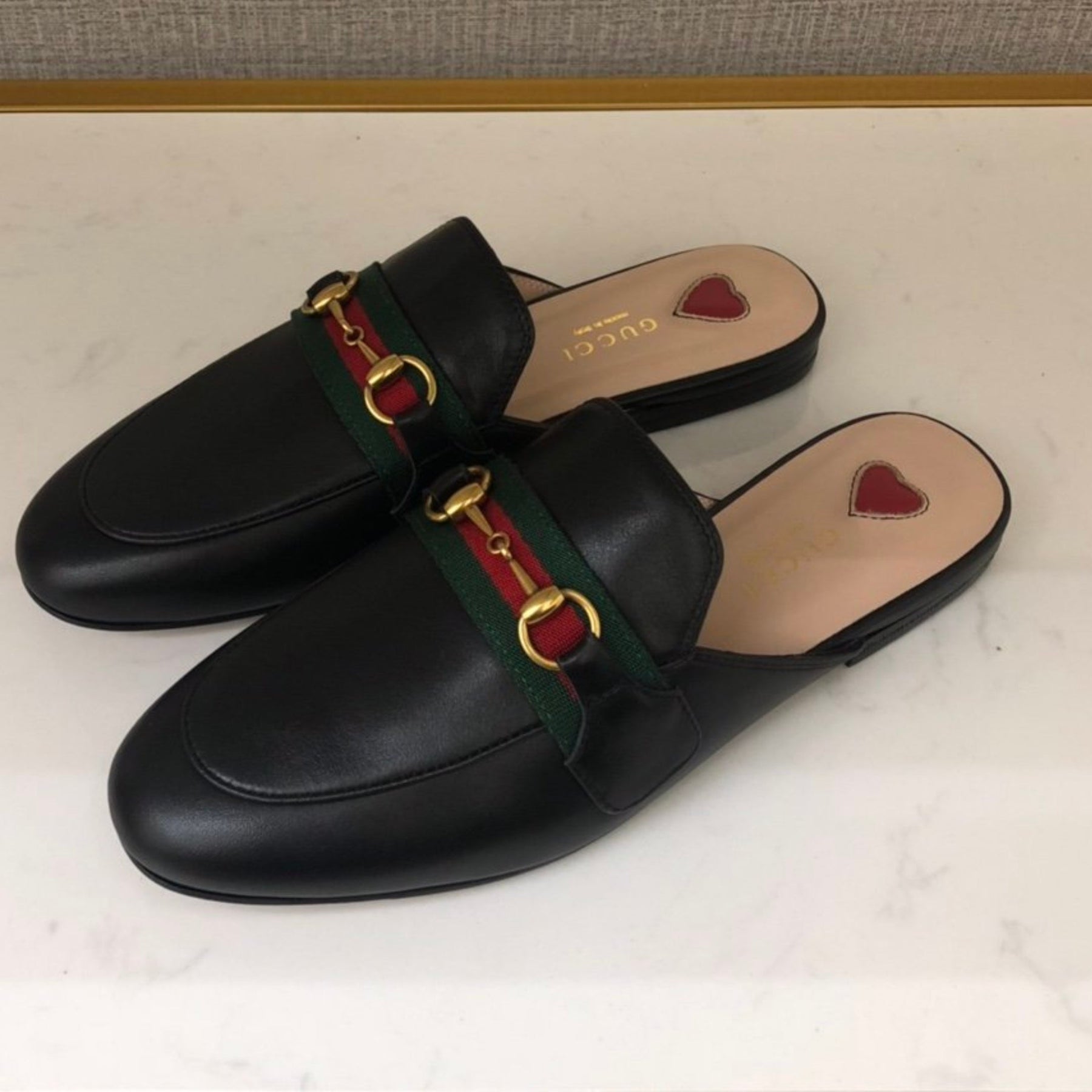 GG Princetown Black Leather Mule with Strap