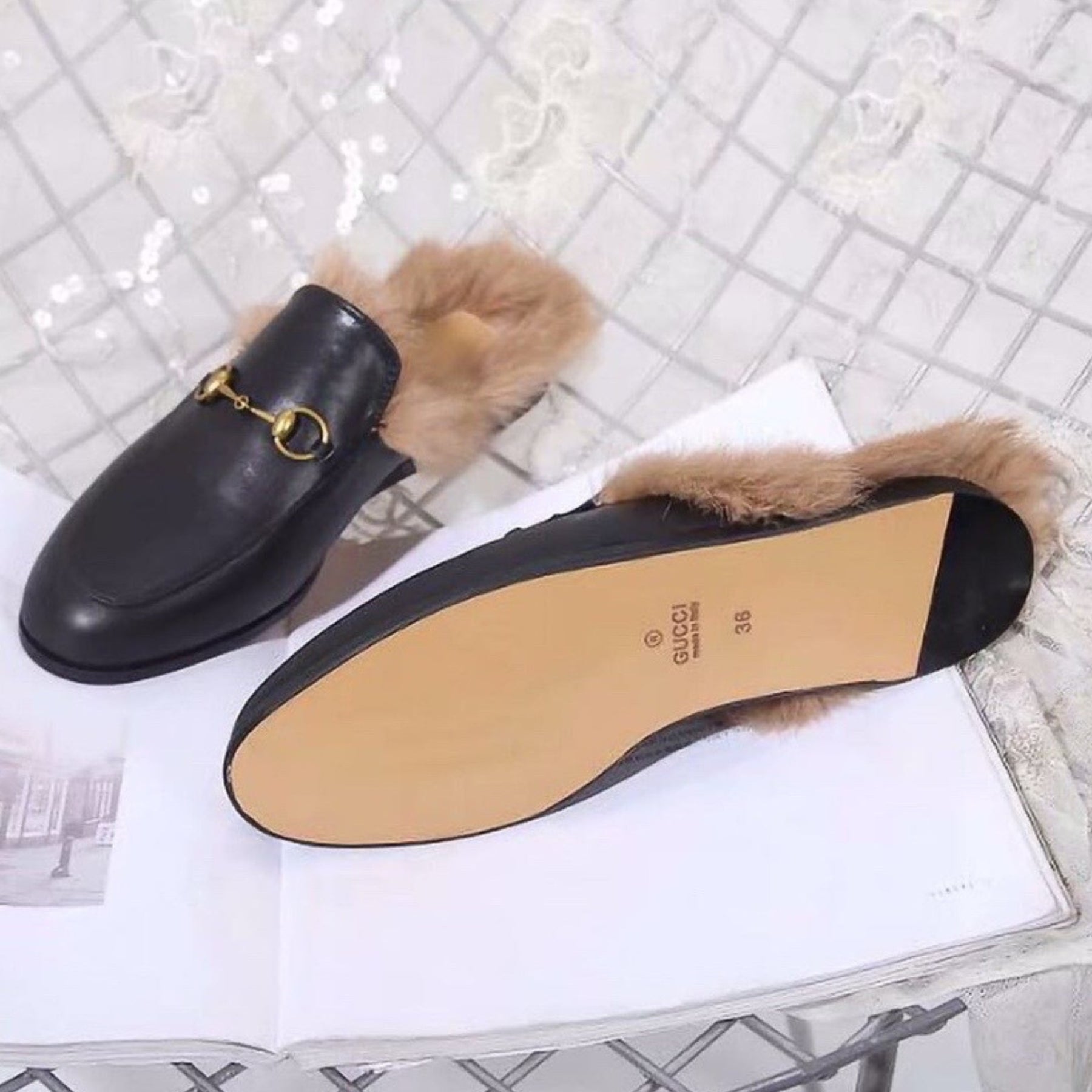 GG Princetown Black Leather Mule with Fur