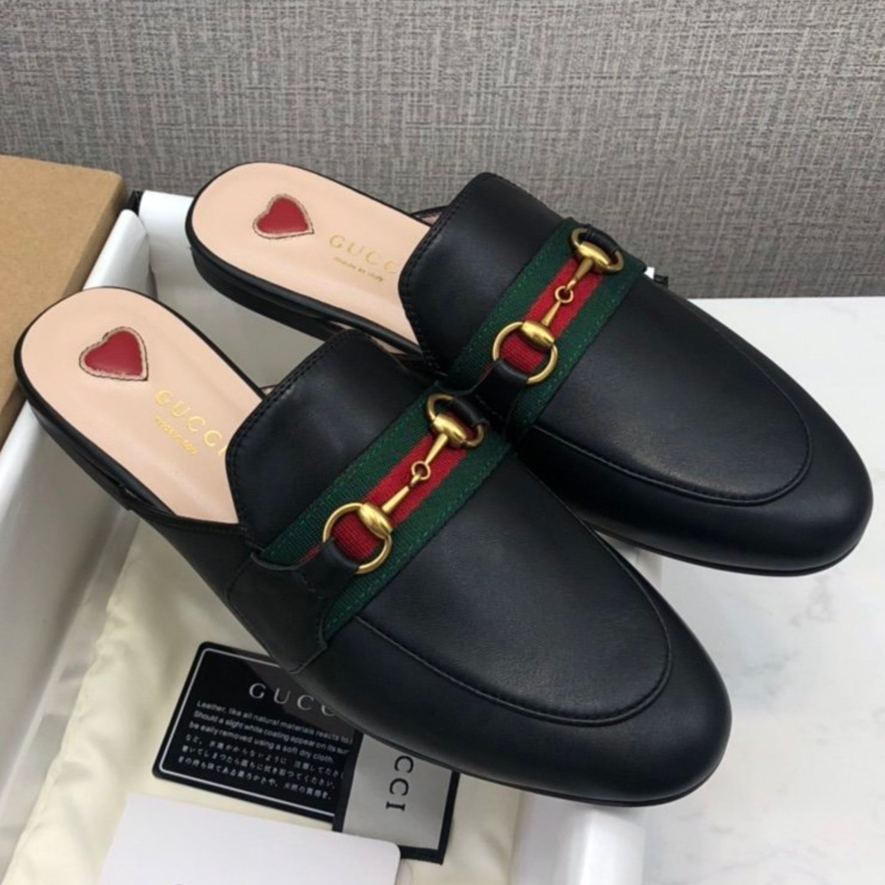 GG Princetown Black Leather Mule with Strap