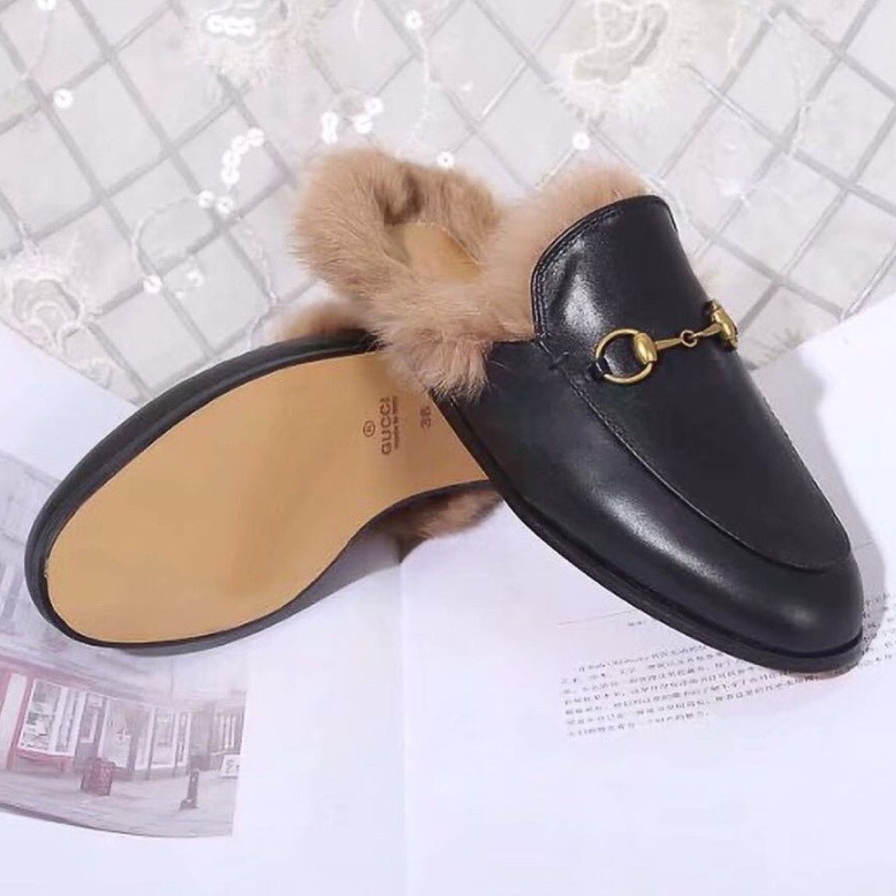 GG Princetown Black Leather Mule with Fur