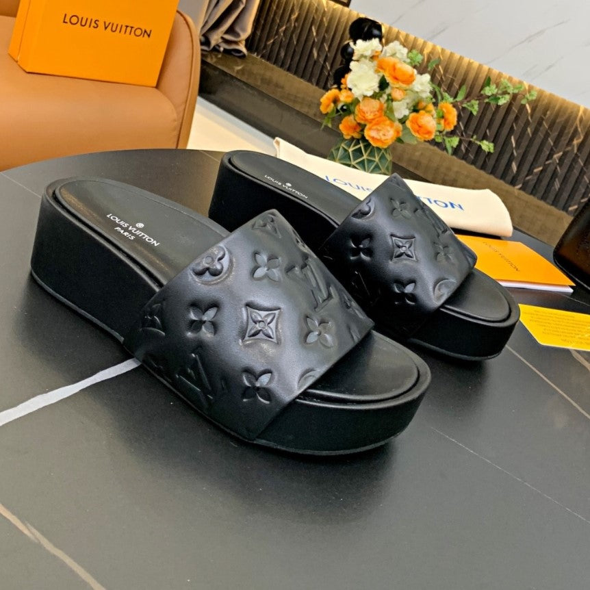 LV Slide Platform Sandal in Black Leather