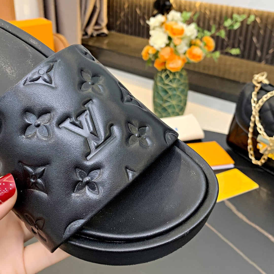 LV Slide Platform Sandal in Black Leather