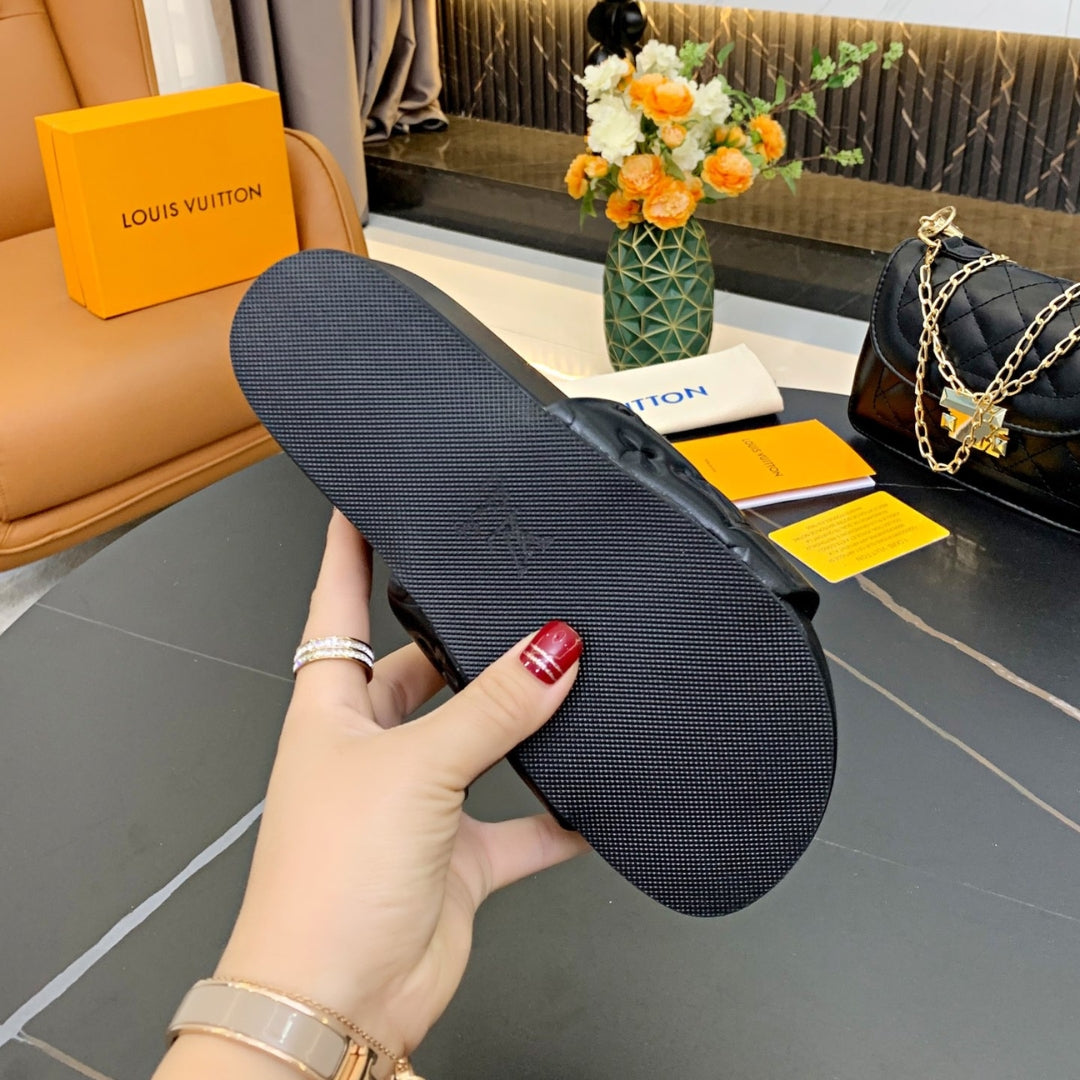 LV Slide Platform Sandal in Black Leather