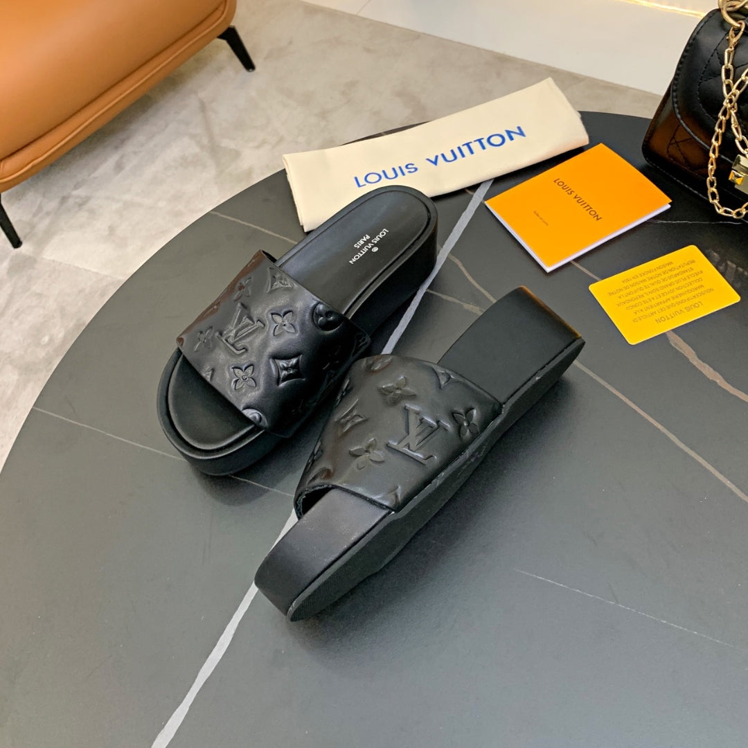 LV Slide Platform Sandal in Black Leather