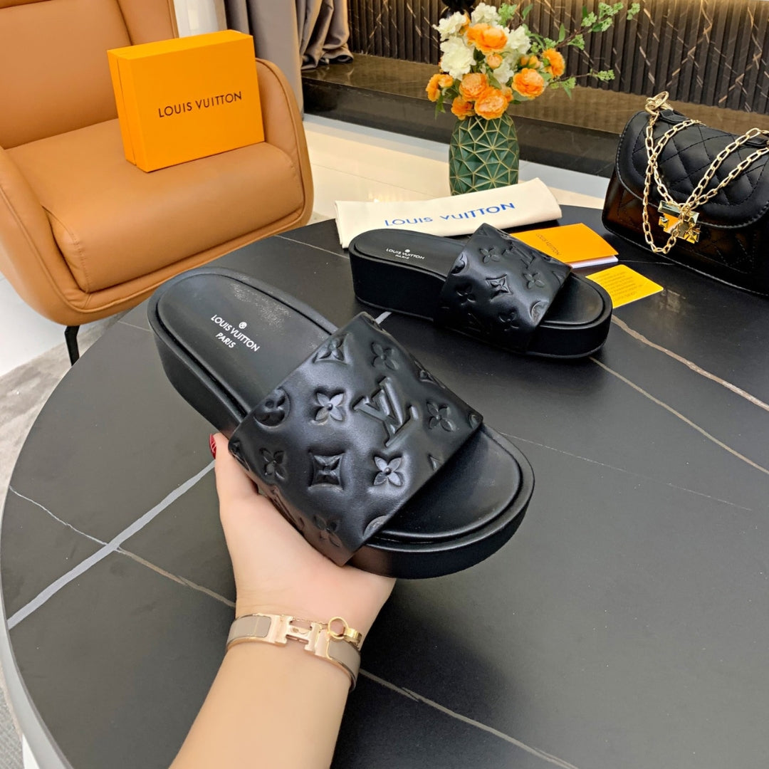 LV Slide Platform Sandal in Black Leather