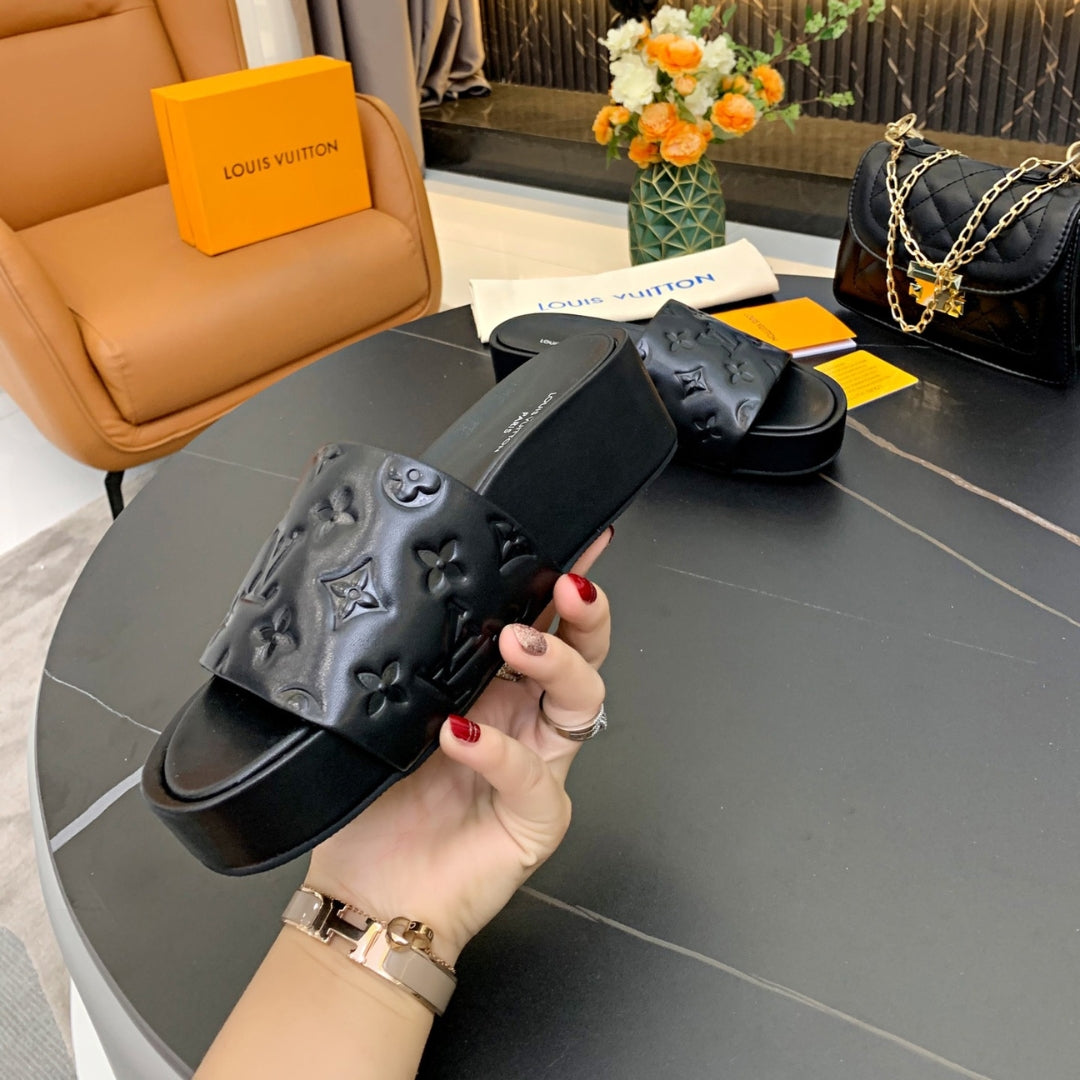 LV Slide Platform Sandal in Black Leather
