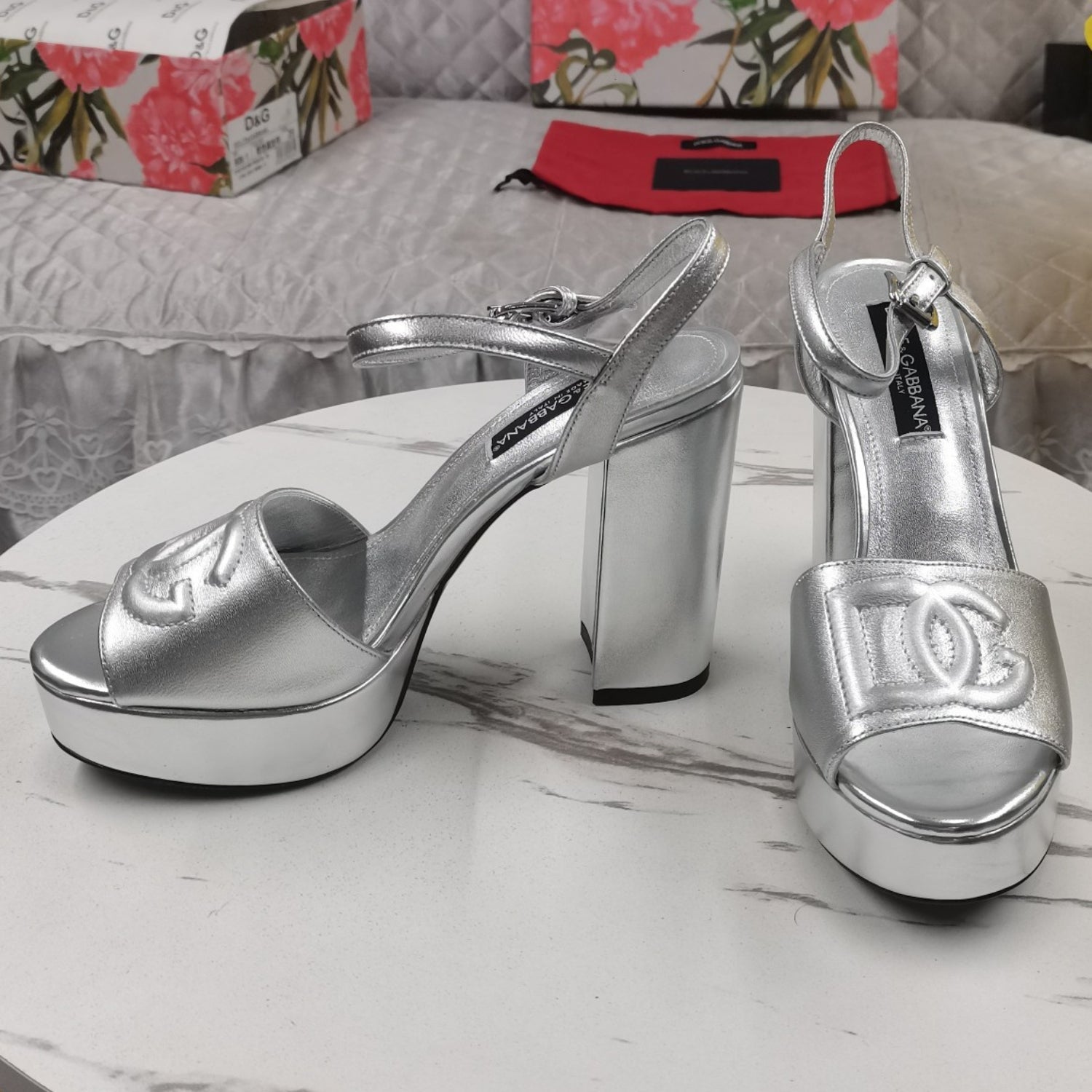 DG Silver Platform Sandal with Logo, 11.5cm Heel