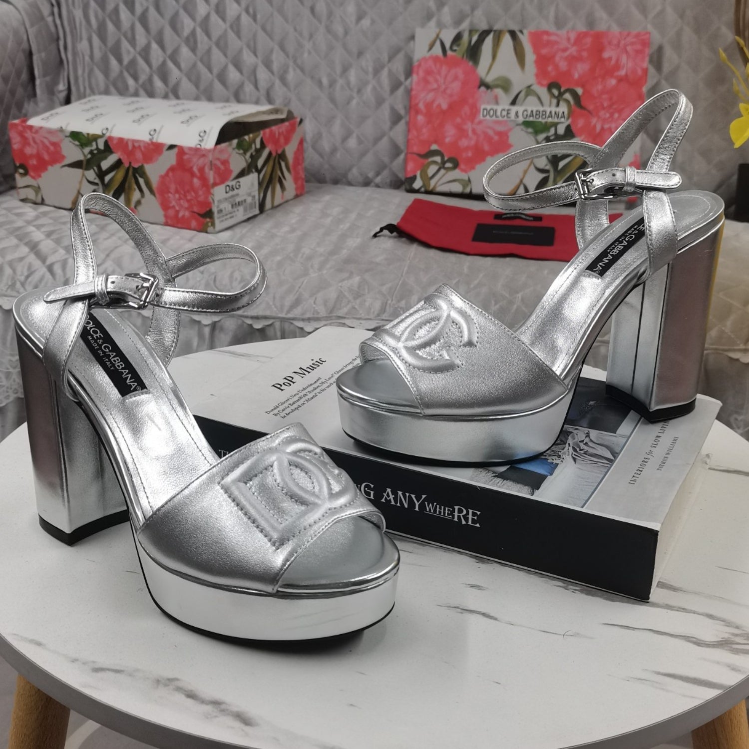 DG Silver Platform Sandal with Logo, 11.5cm Heel