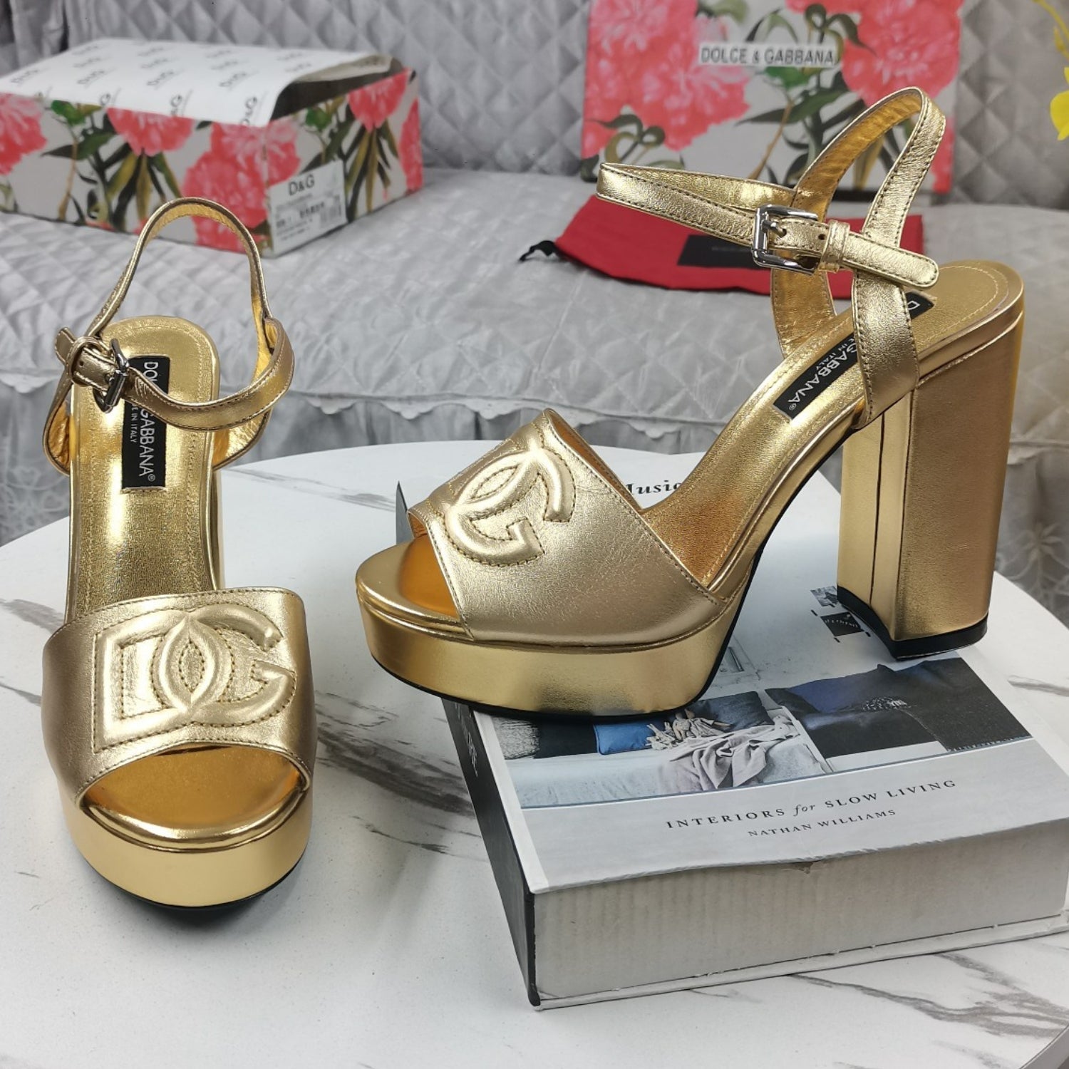 DG Gold Platform Sandal with Logo, 11.5cm Heel