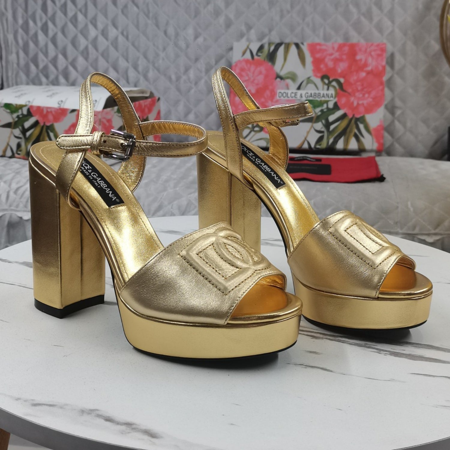 DG Gold Platform Sandal with Logo, 11.5cm Heel