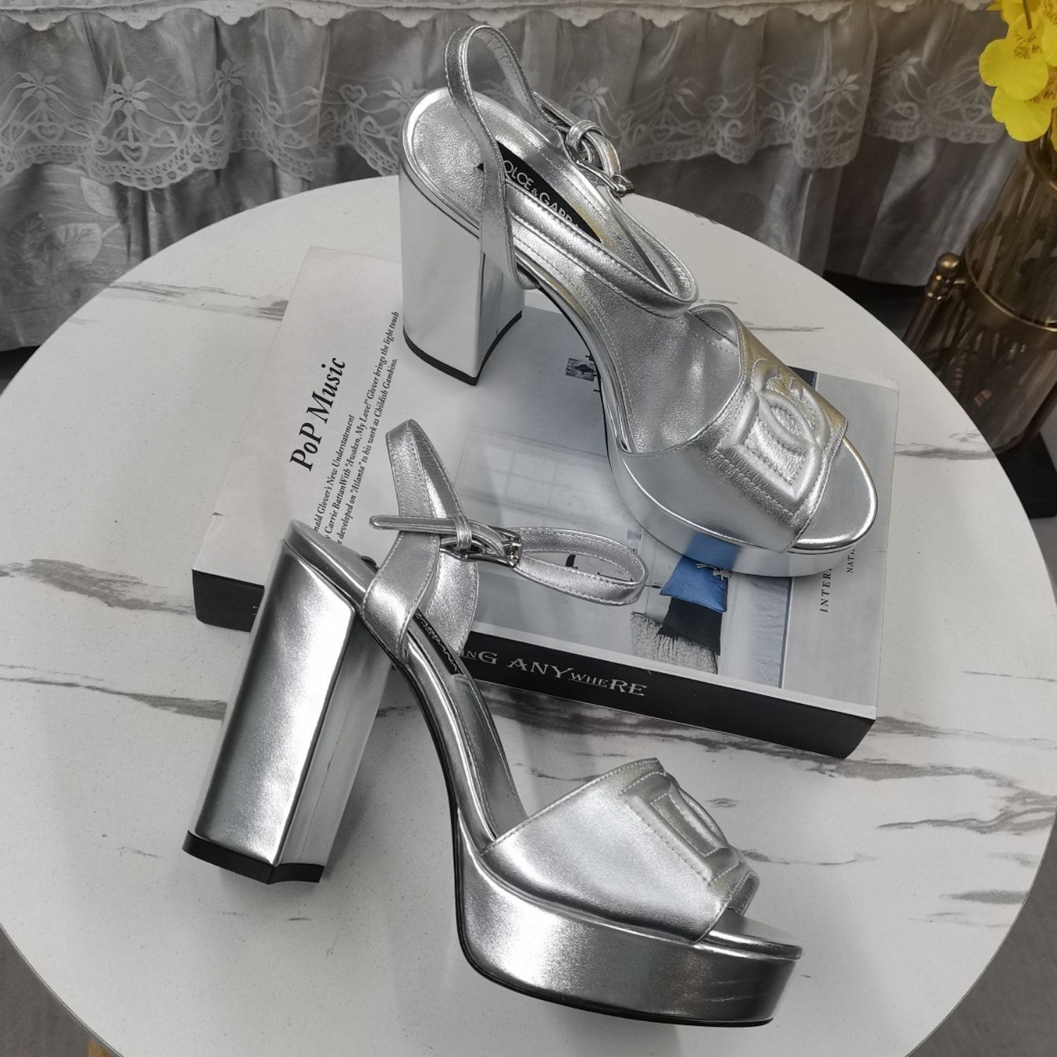 DG Silver Platform Sandal with Logo, 11.5cm Heel