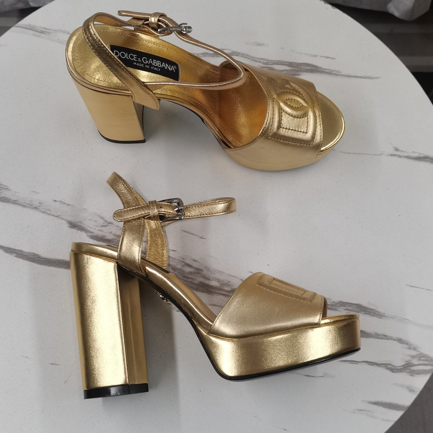 DG Gold Platform Sandal with Logo, 11.5cm Heel