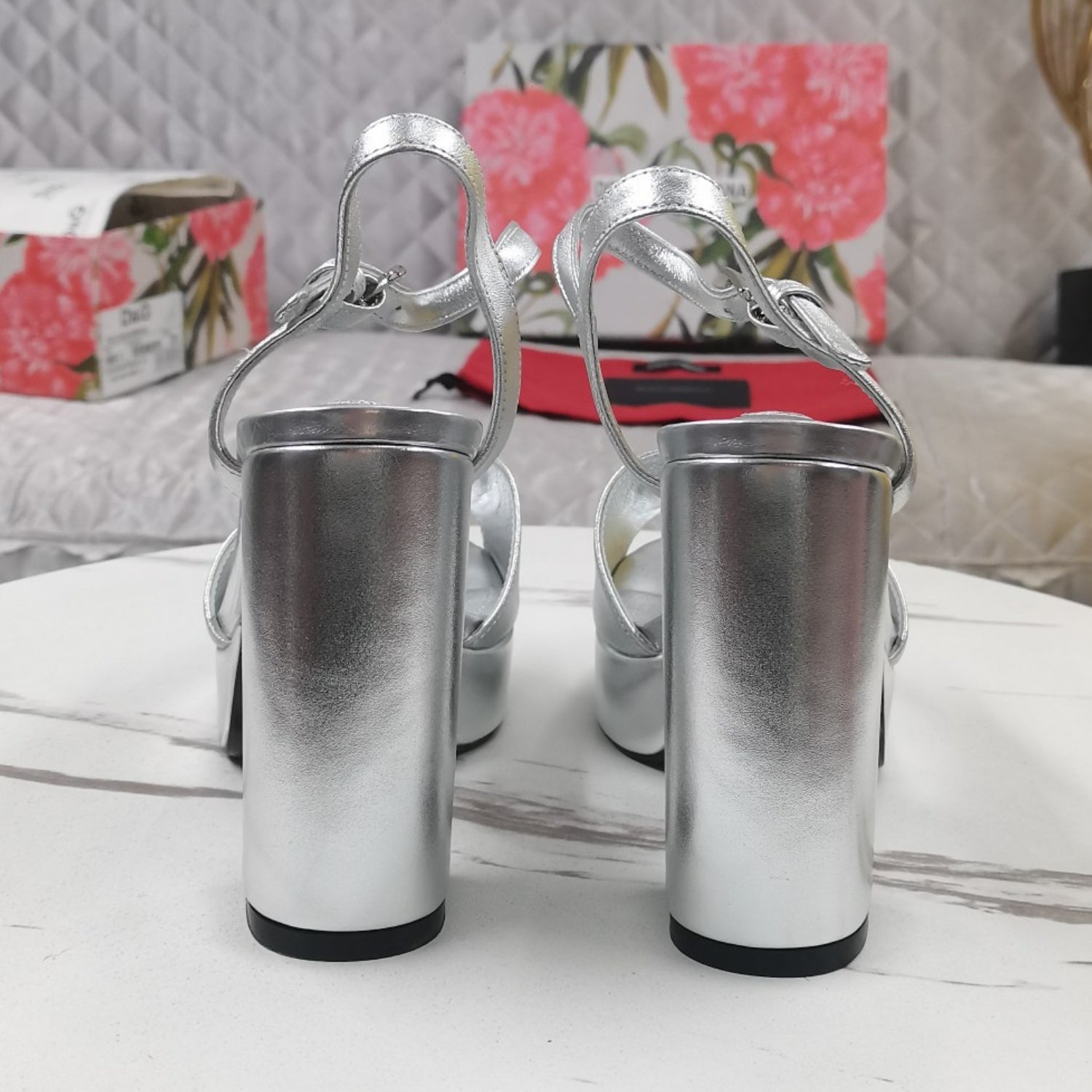 DG Silver Platform Sandal with Logo, 11.5cm Heel