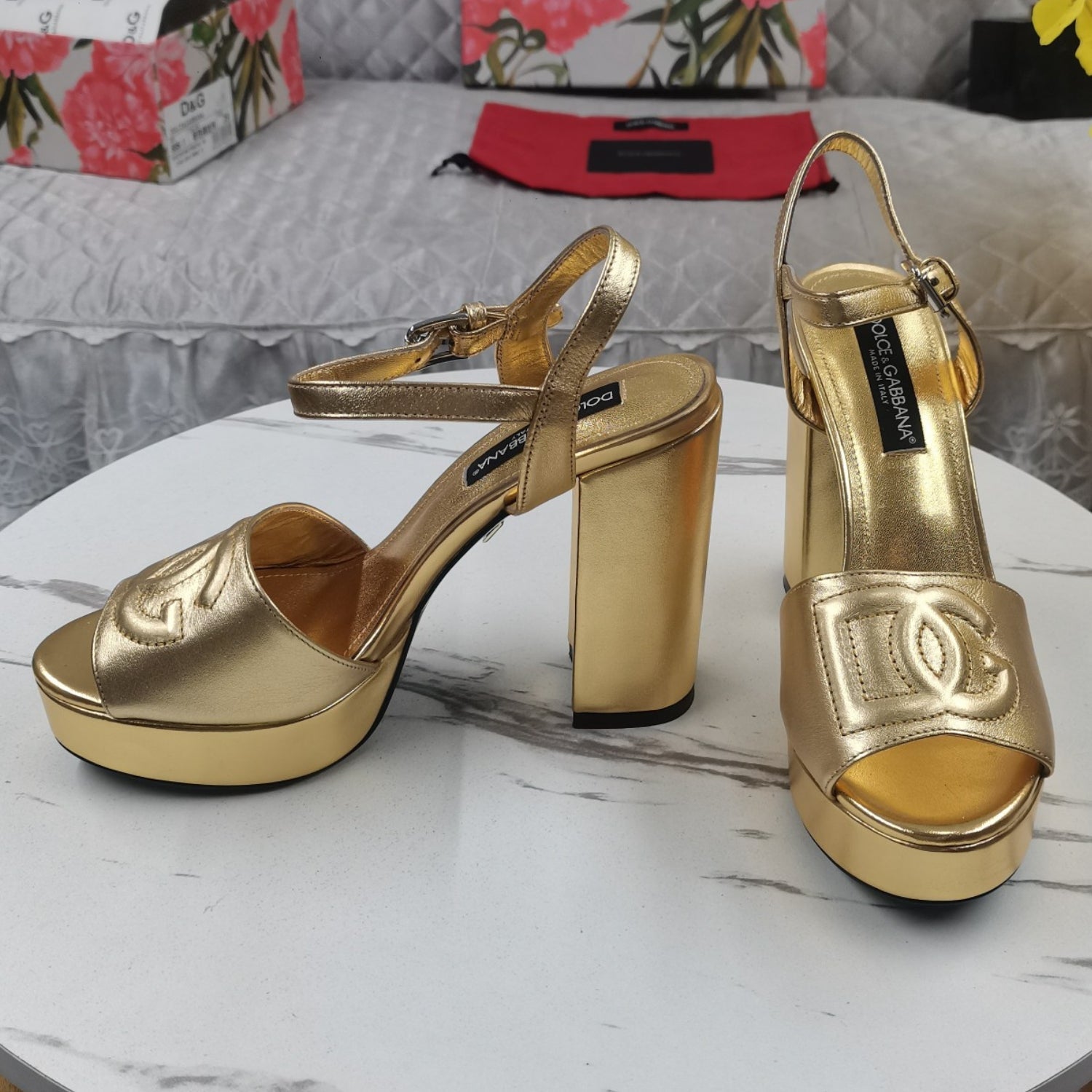 DG Gold Platform Sandal with Logo, 11.5cm Heel