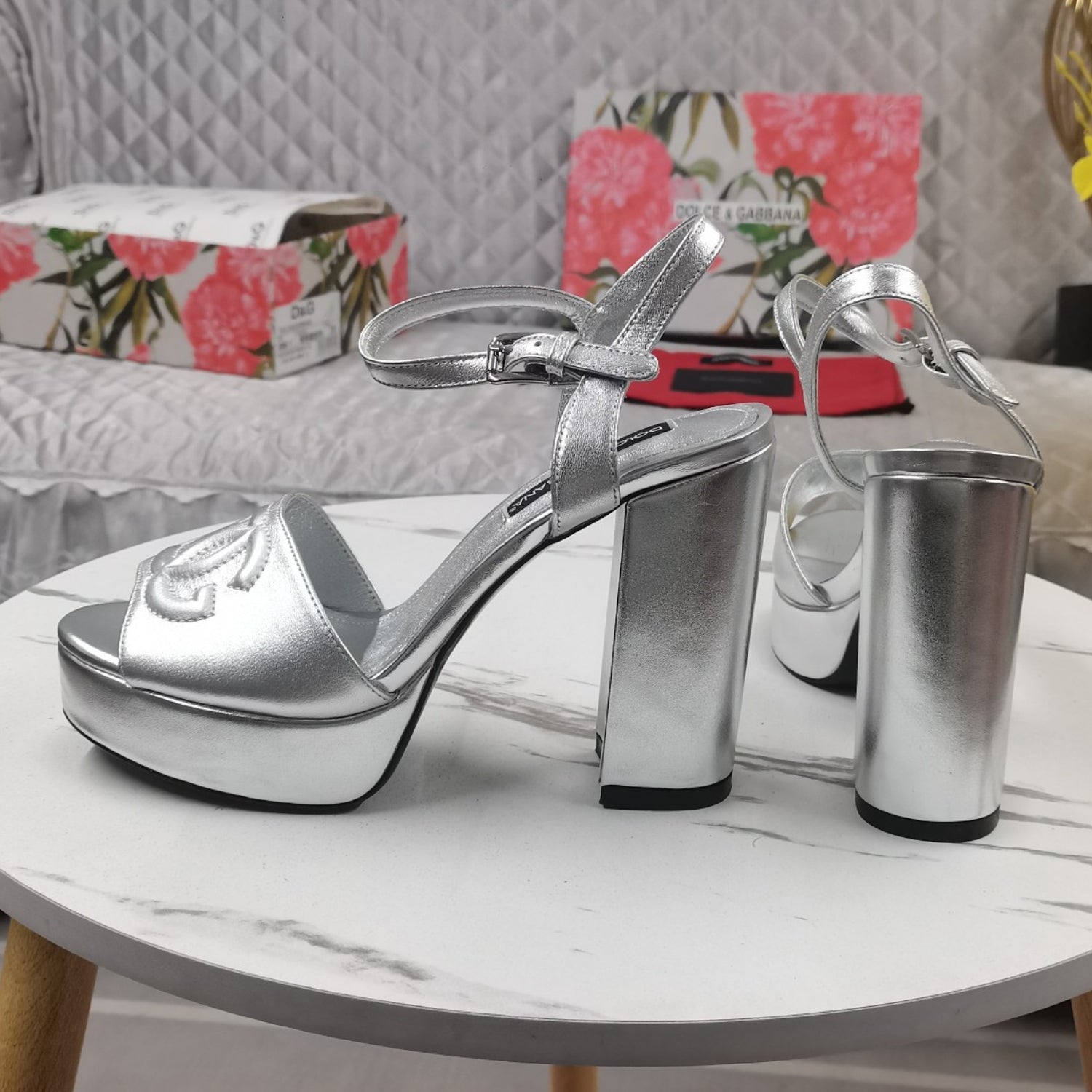 DG Silver Platform Sandal with Logo, 11.5cm Heel