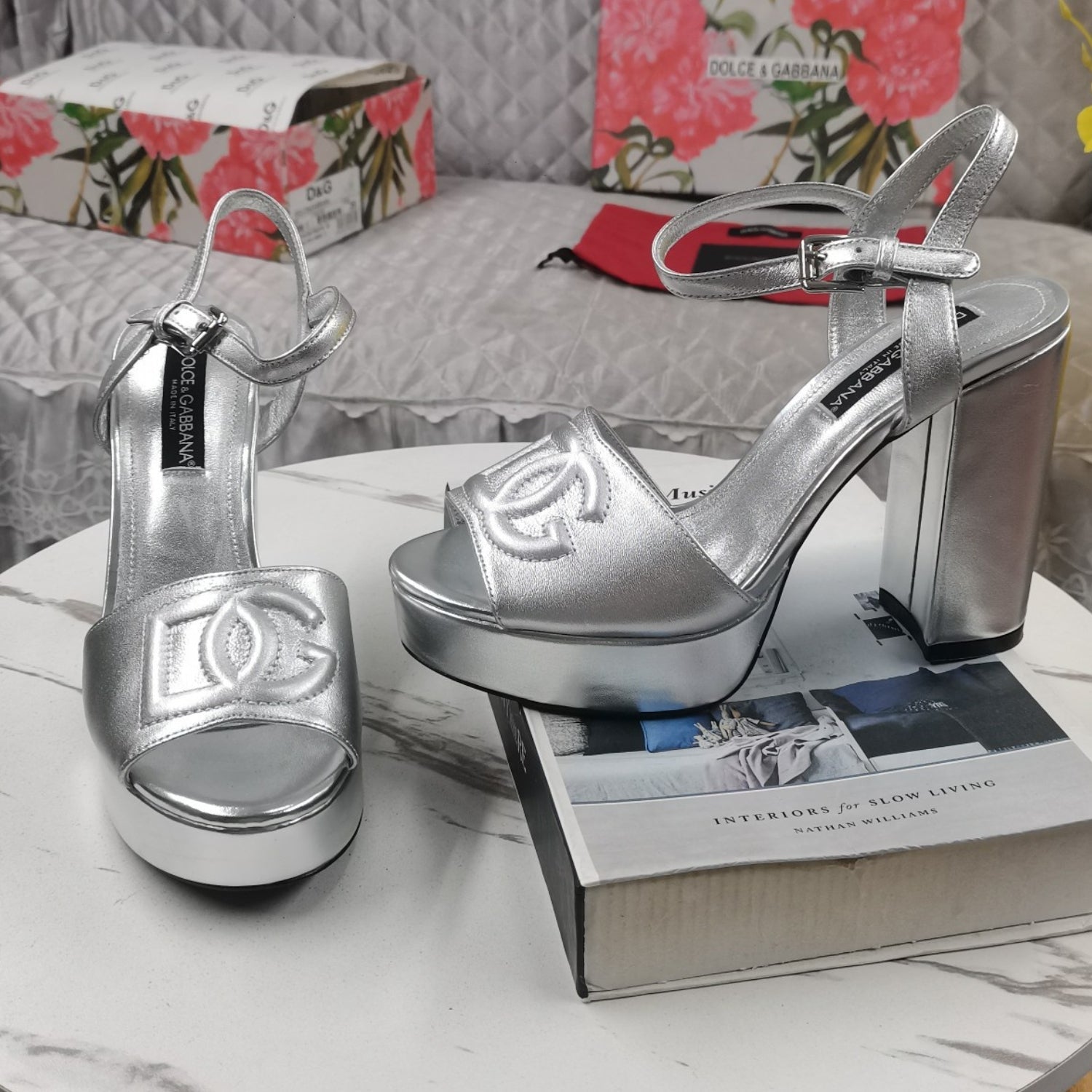 DG Silver Platform Sandal with Logo, 11.5cm Heel