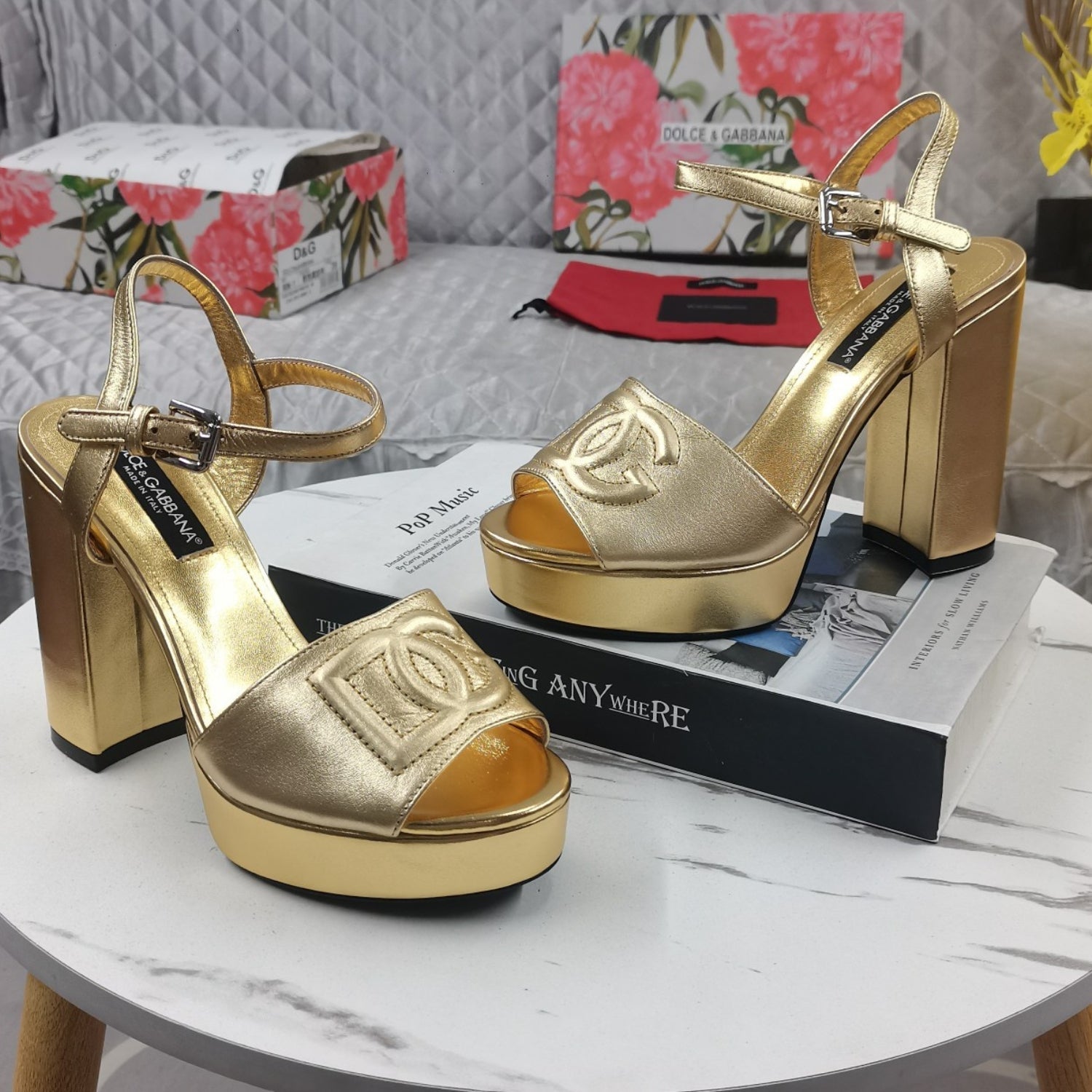 DG Gold Platform Sandal with Logo, 11.5cm Heel