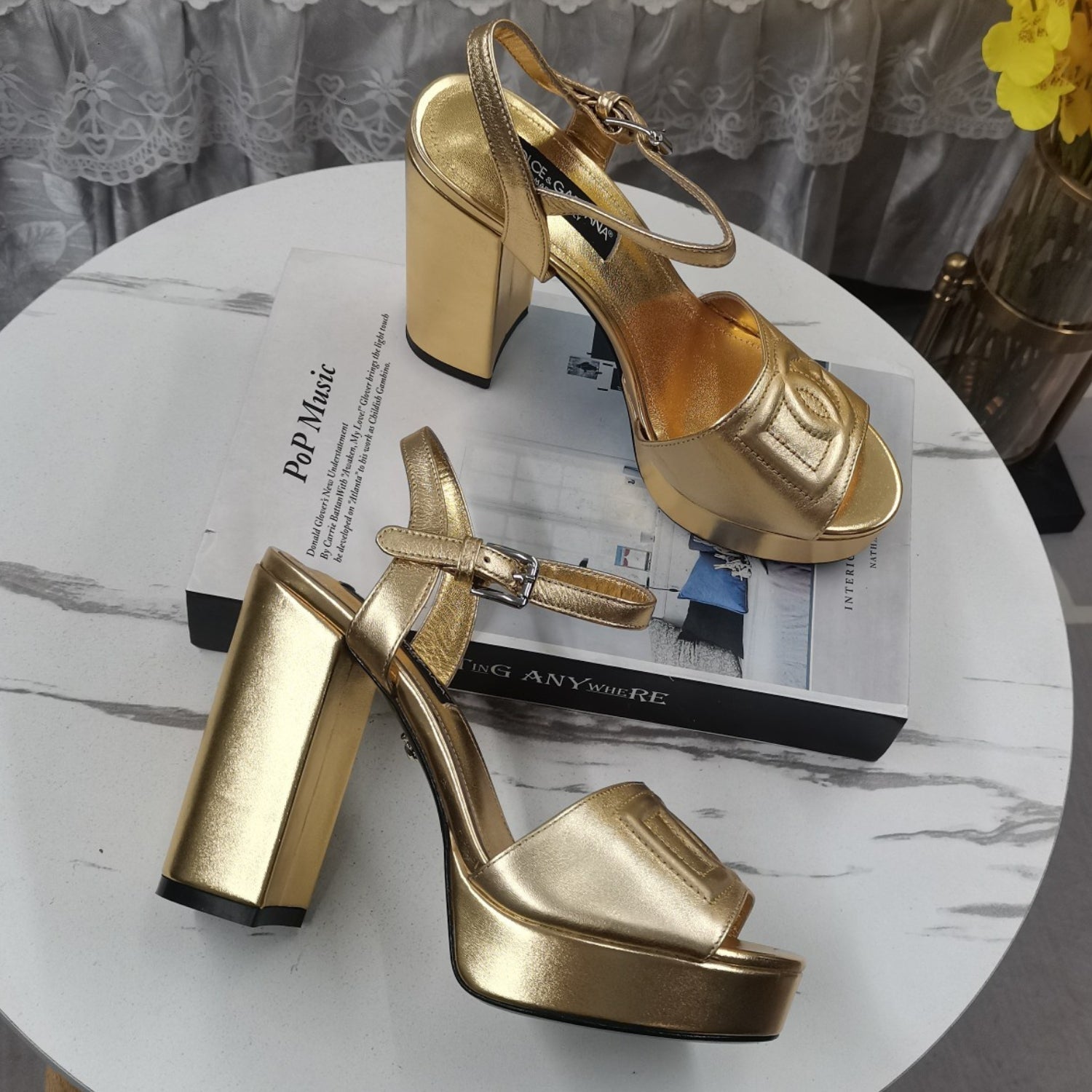 DG Gold Platform Sandal with Logo, 11.5cm Heel