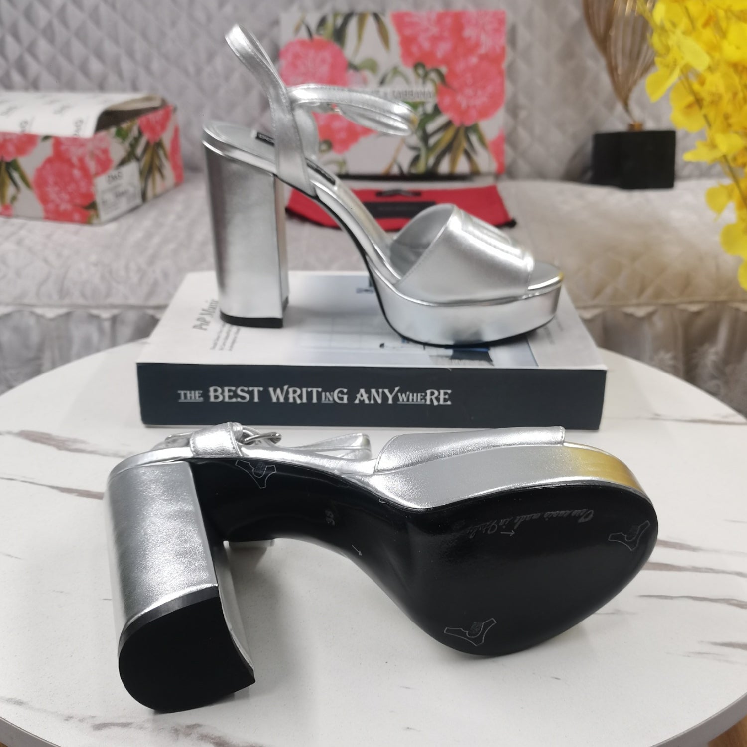 DG Silver Platform Sandal with Logo, 11.5cm Heel
