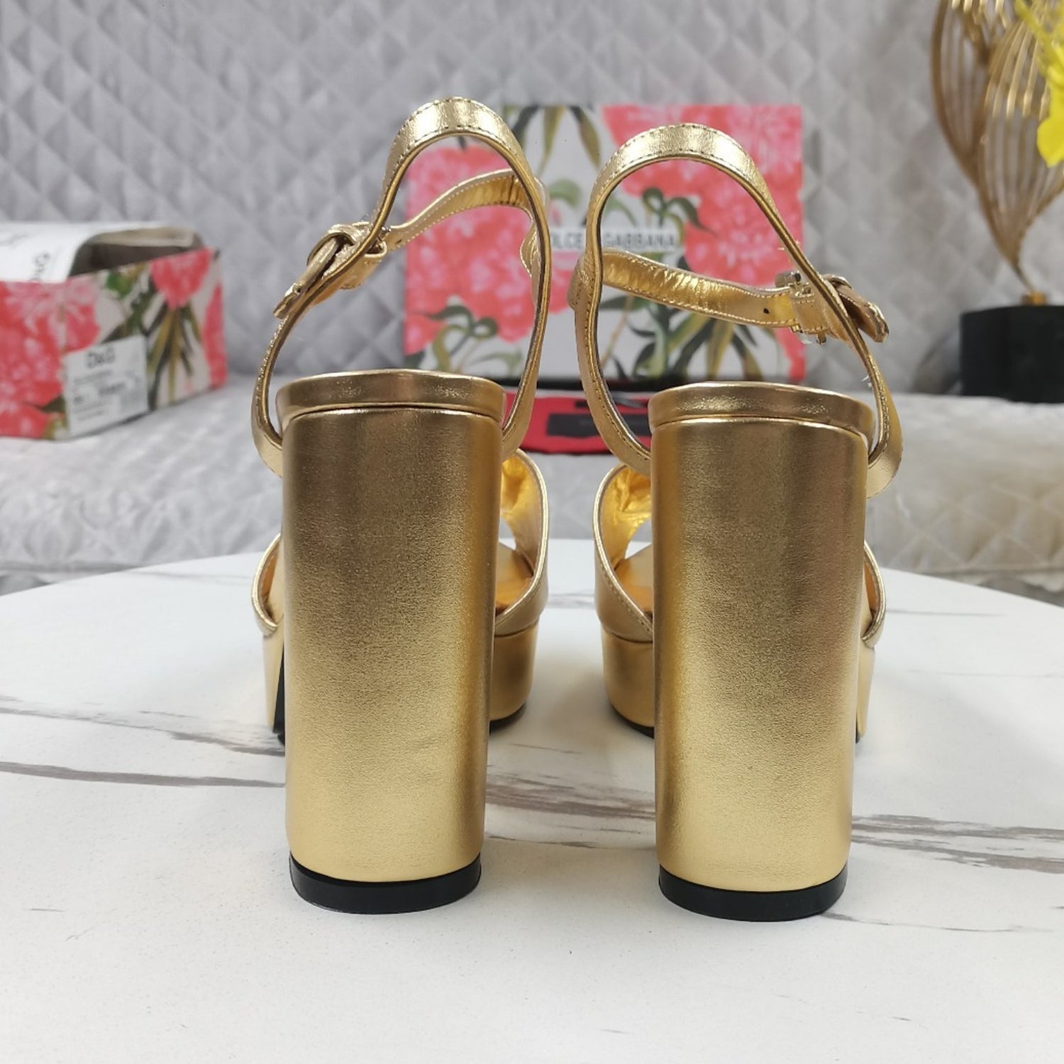 DG Gold Platform Sandal with Logo, 11.5cm Heel