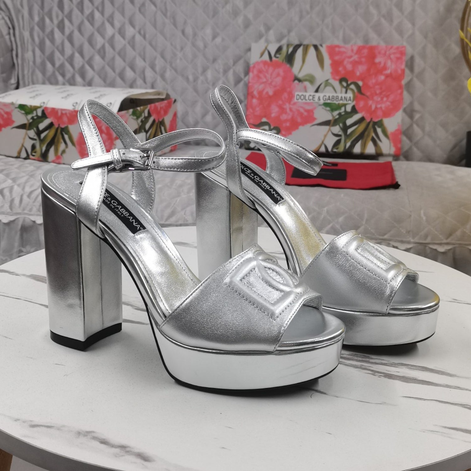 DG Silver Platform Sandal with Logo, 11.5cm Heel