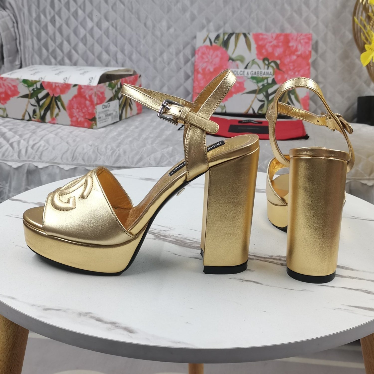 DG Gold Platform Sandal with Logo, 11.5cm Heel