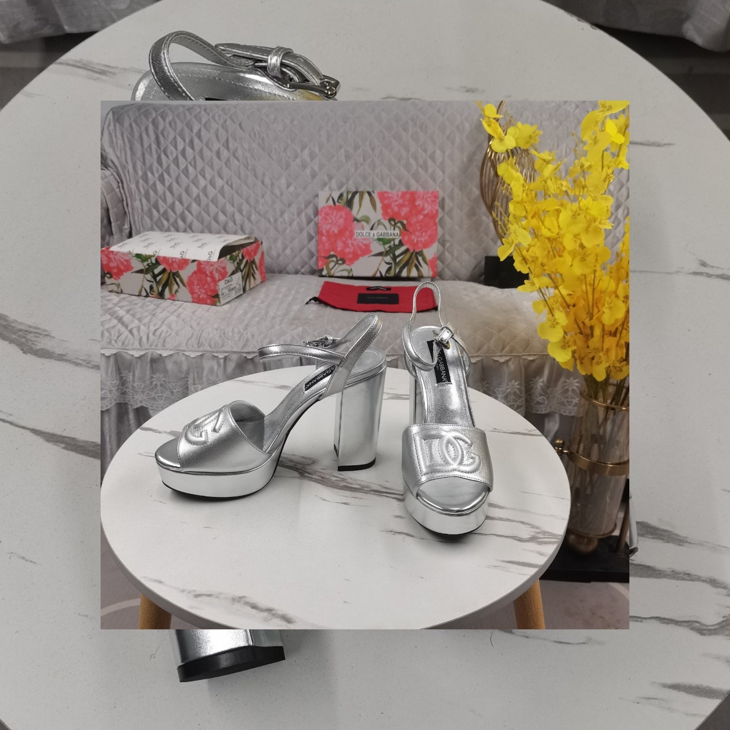 DG Silver Platform Sandal with Logo, 11.5cm Heel