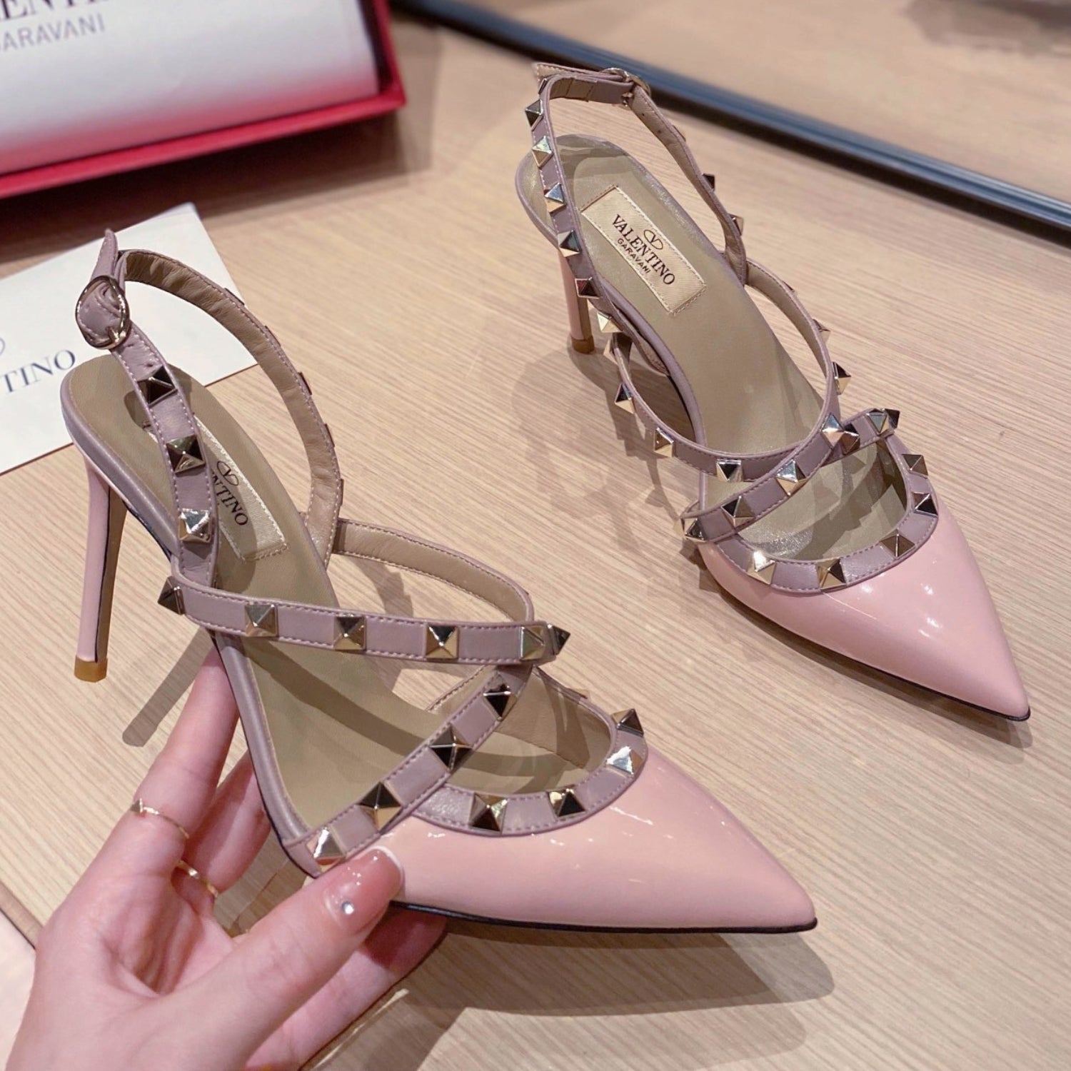 VLT Pink Leather Pumps with Upper Details, 9cm Heel