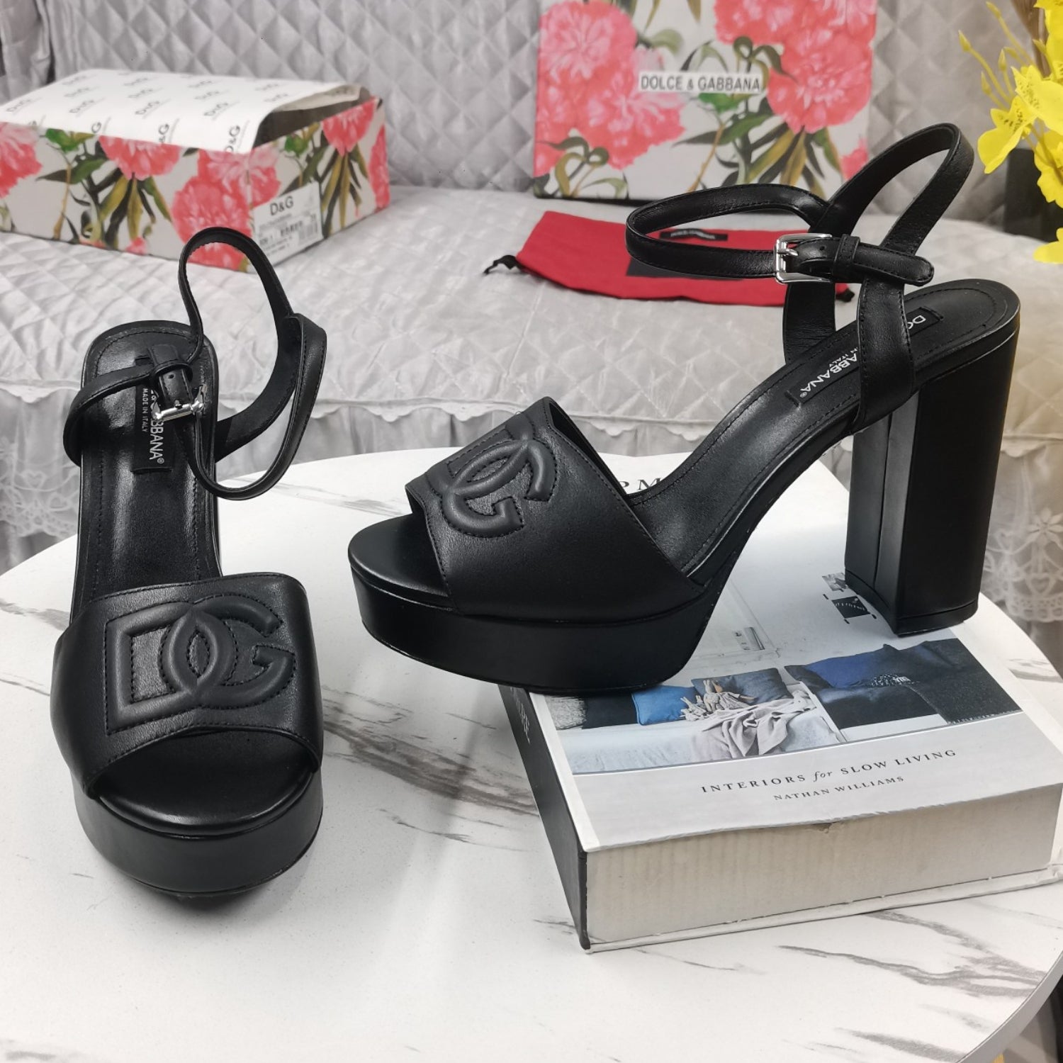 DG Black Platform Sandal with Logo, 11.5cm Heel