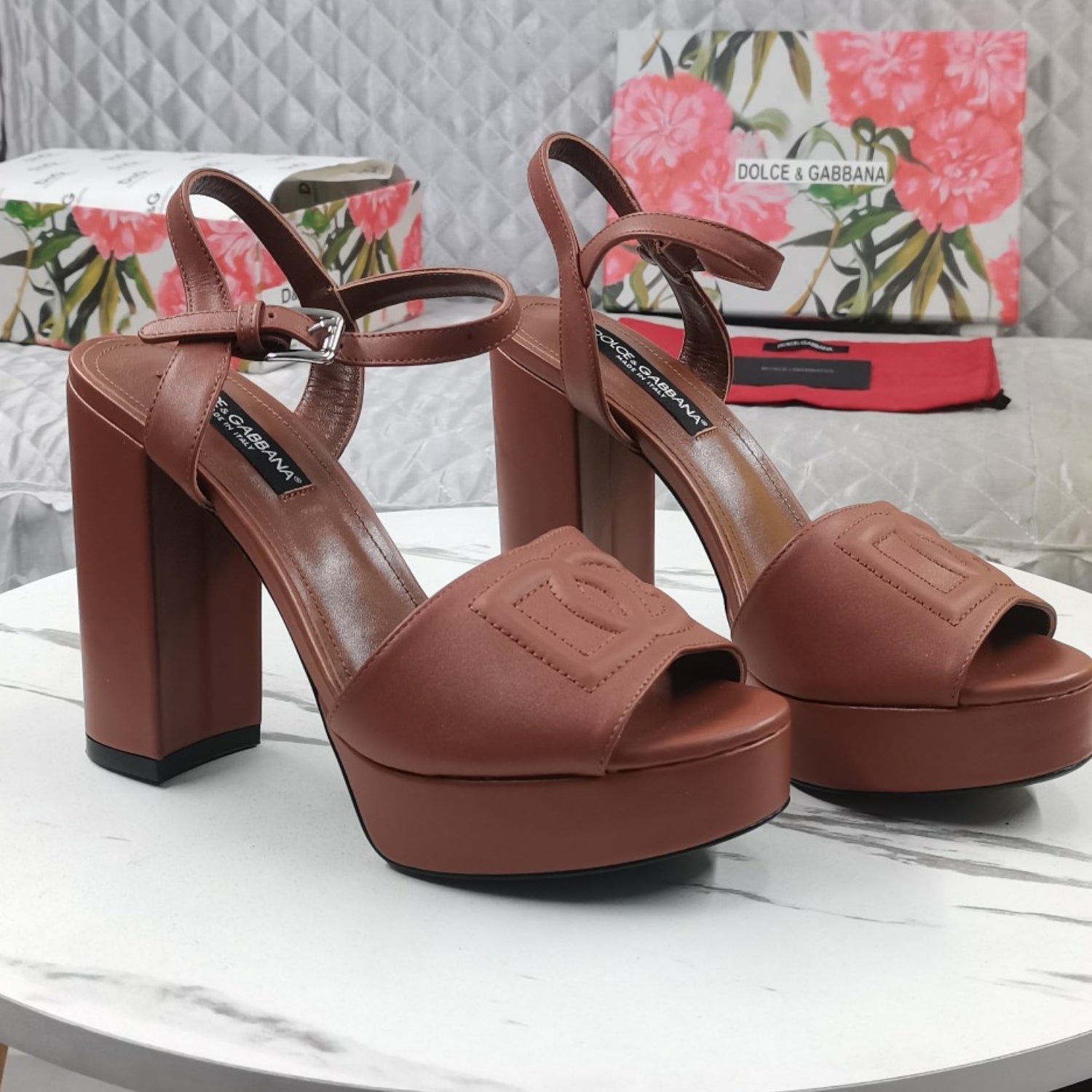DG Brown Platform Sandal with Logo 11.5cm Heel
