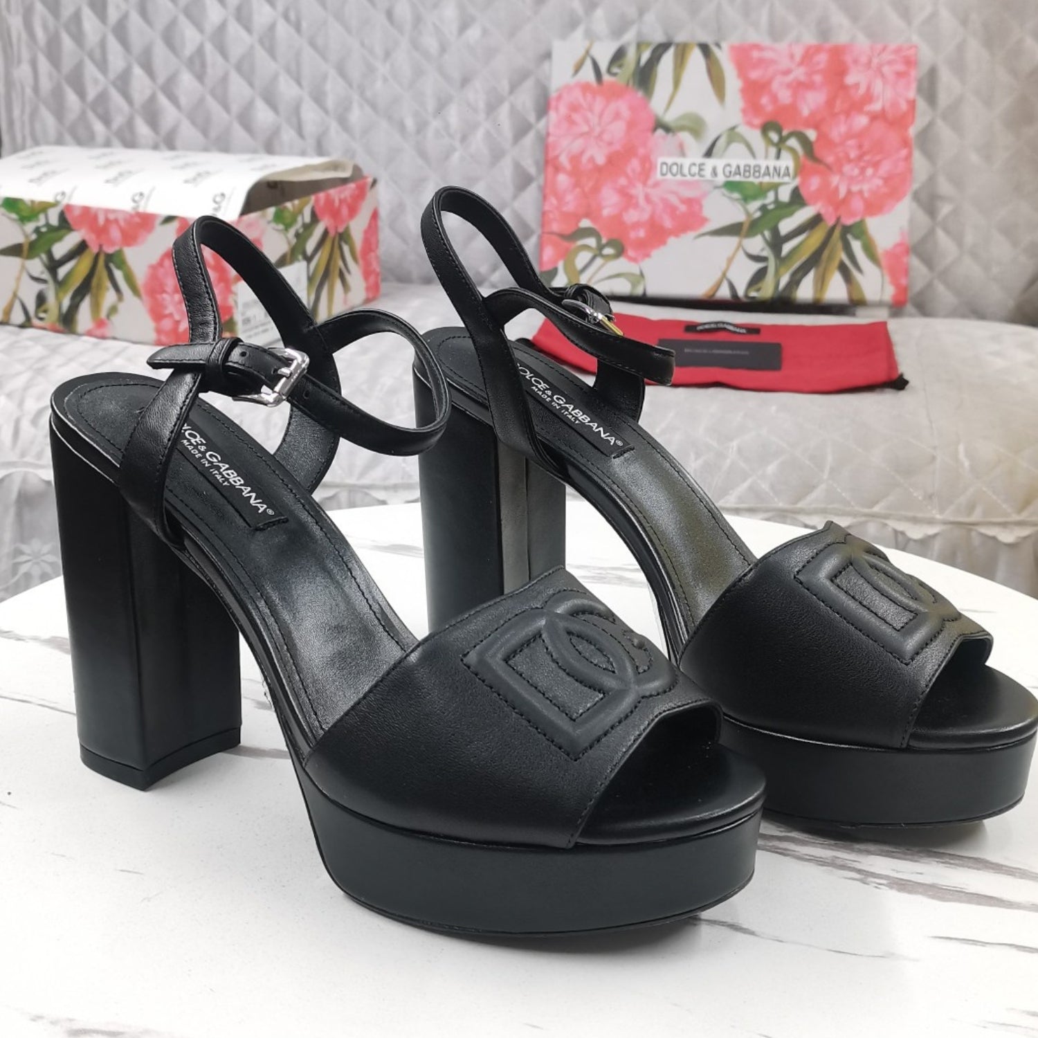 DG Black Platform Sandal with Logo, 11.5cm Heel