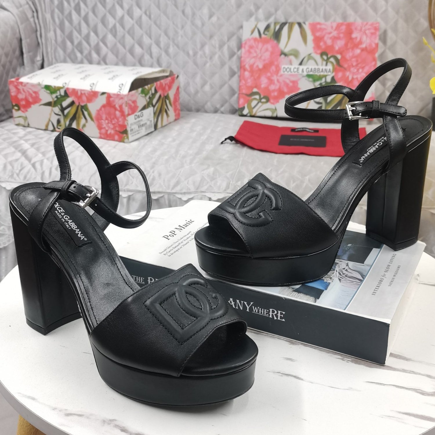 DG Black Platform Sandal with Logo, 11.5cm Heel