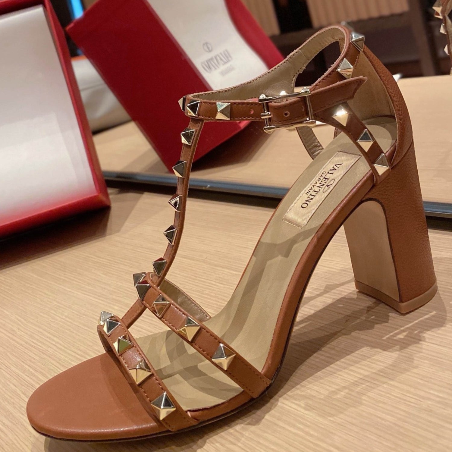 VLT Brown Leather Sandal with details, 8.5cm heel