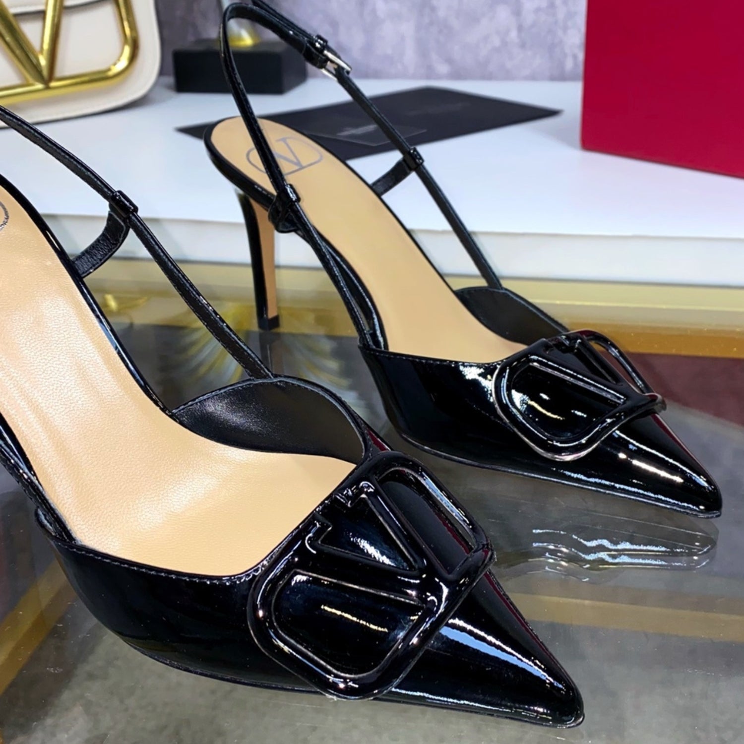 VLT Black Leather Pumps with Front Logo 8cm Heel