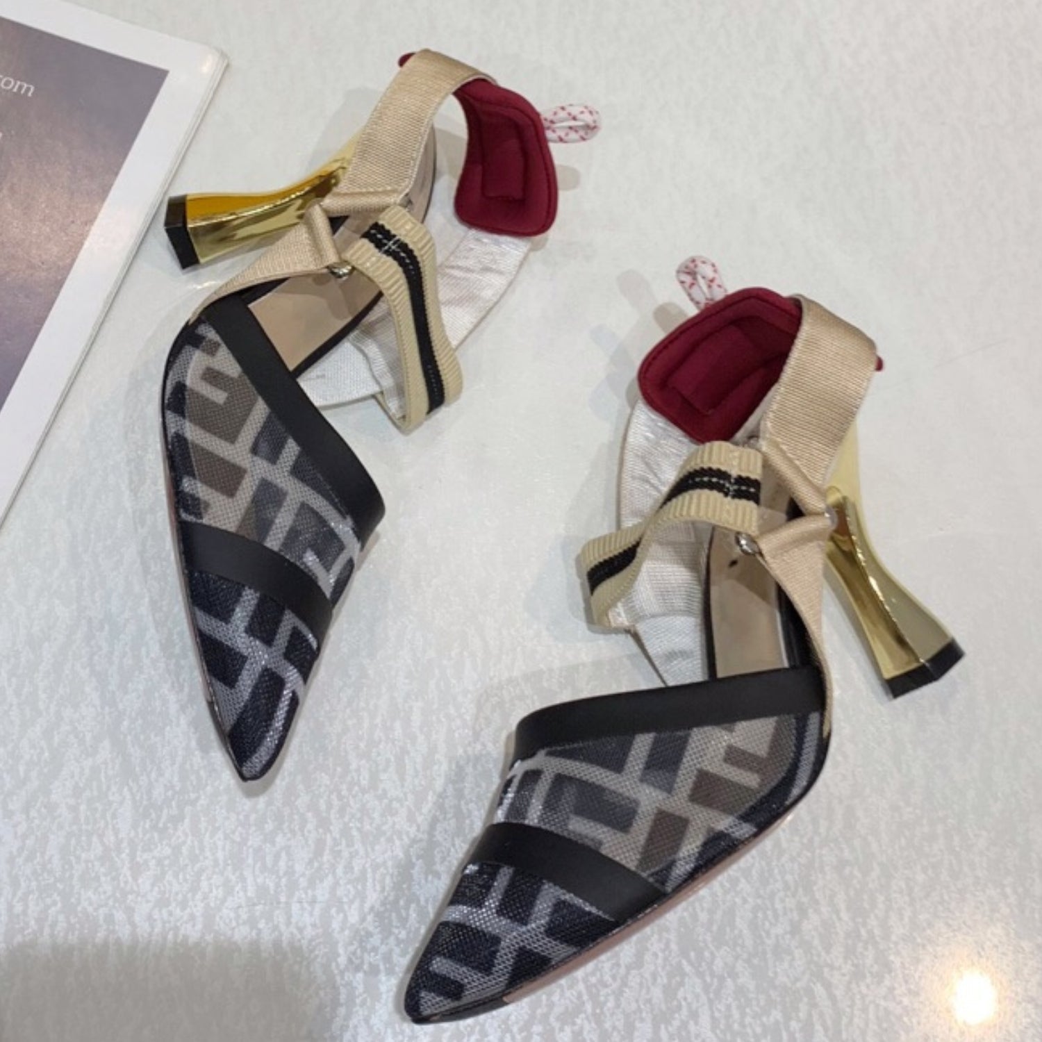 FND Black and Beige Pumps with Canvas Leather and 9.5cm Gold Heel