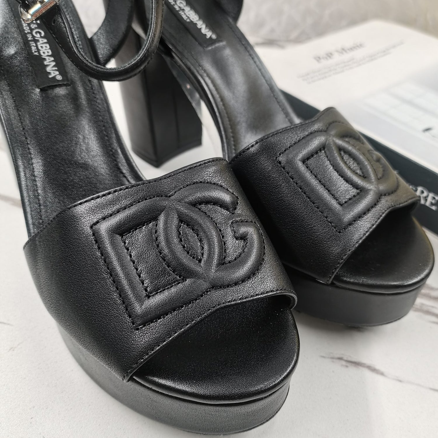 DG Black Platform Sandal with Logo, 11.5cm Heel