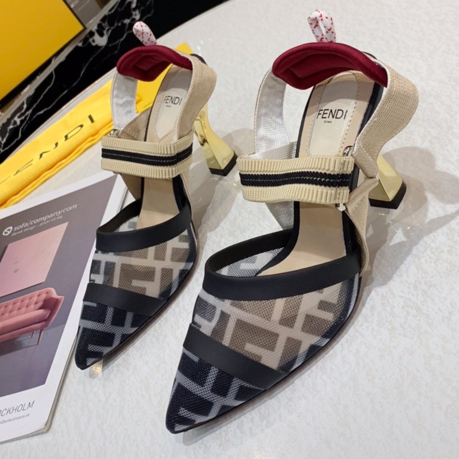 FND Black and Beige Pumps with Canvas Leather and 9.5cm Gold Heel