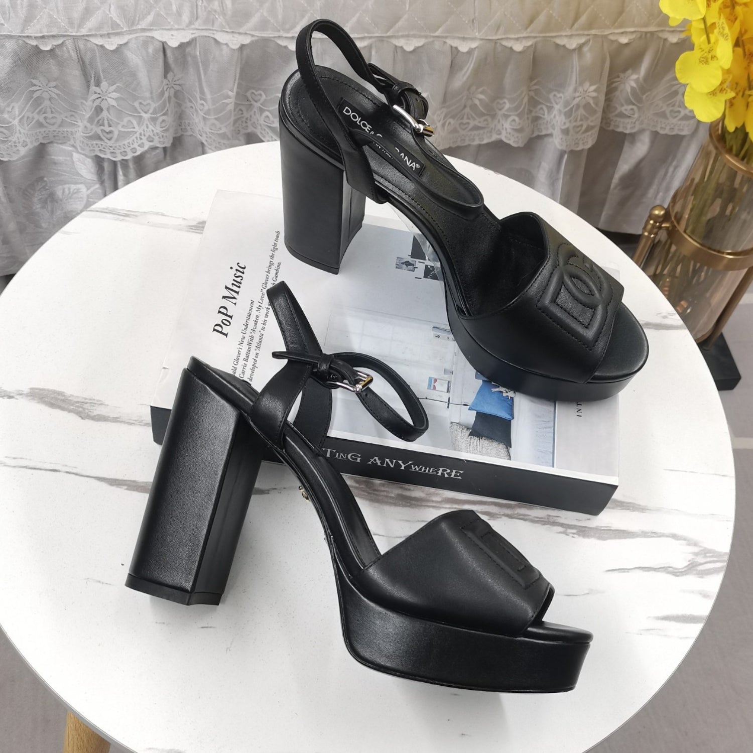 DG Black Platform Sandal with Logo, 11.5cm Heel