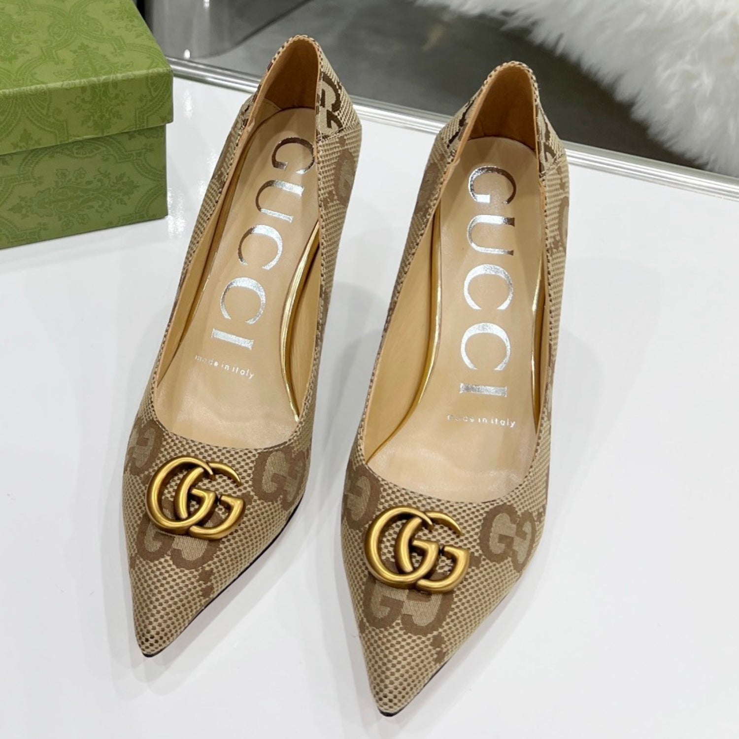 Beige and Canvas GG Pumps with Logo, 7.5cm Heel