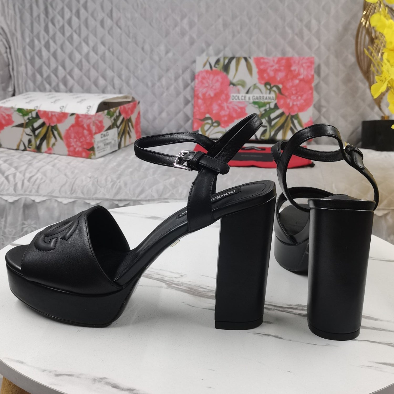 DG Black Platform Sandal with Logo, 11.5cm Heel