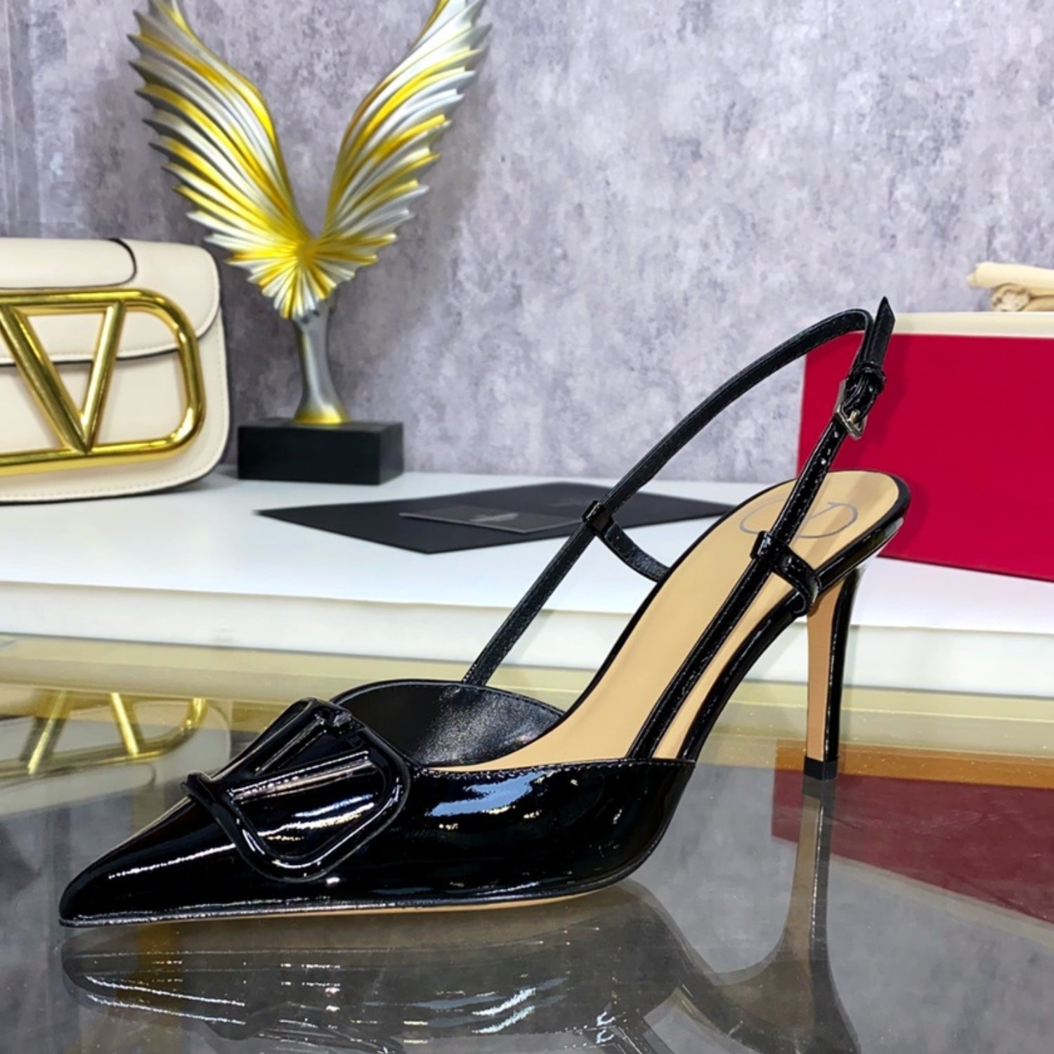 VLT Black Leather Pumps with Front Logo 8cm Heel
