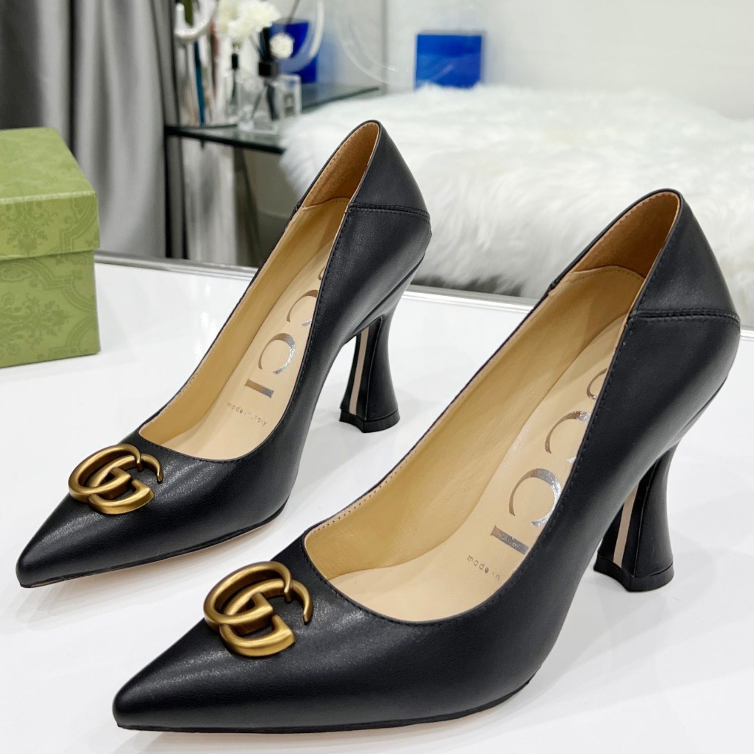 Matte Black GG Pumps with Logo, 7.5cm Heel