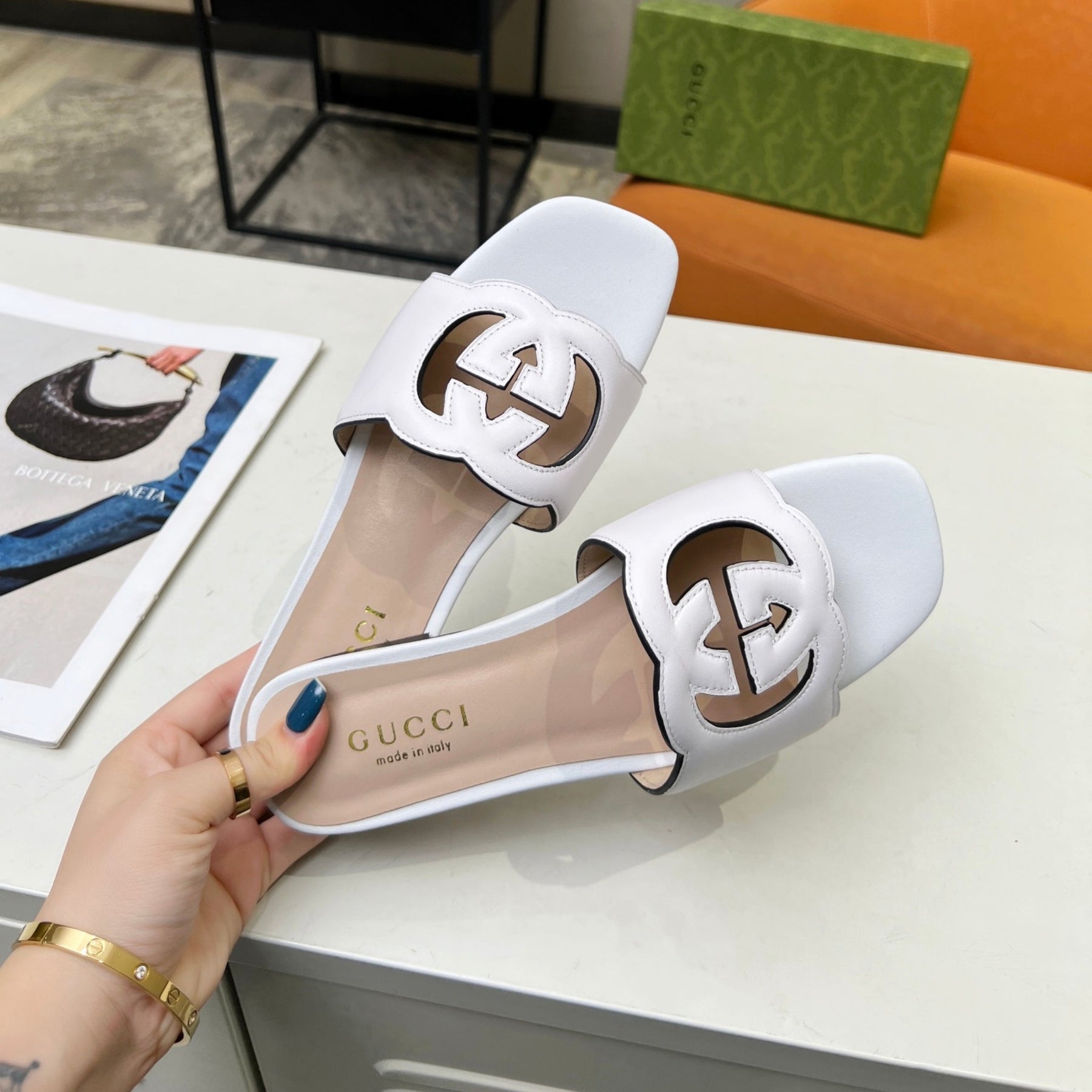 GG Leather Sandal with GG Interlocking in White