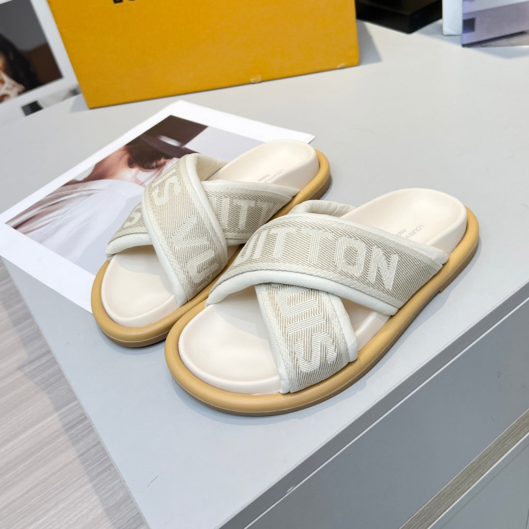 LV Off-White Leather Slide Sandal