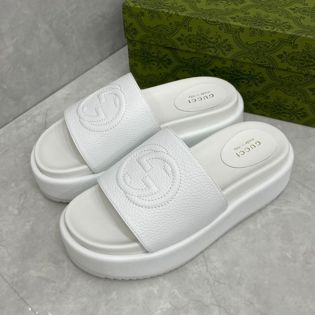 Sandália GG Plataforma Slider Couro Branco interlocking
