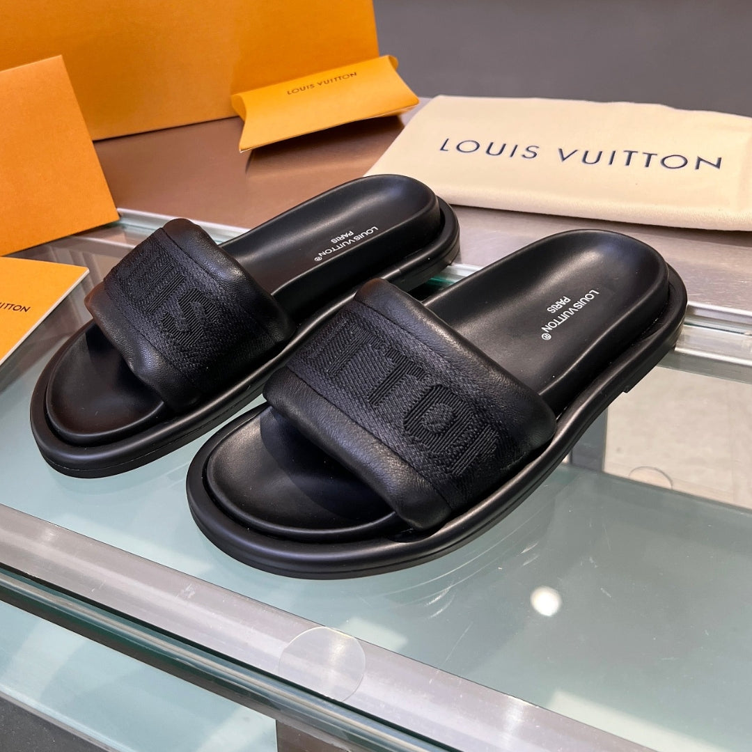 LV Black #4 Leather Slide Sandal