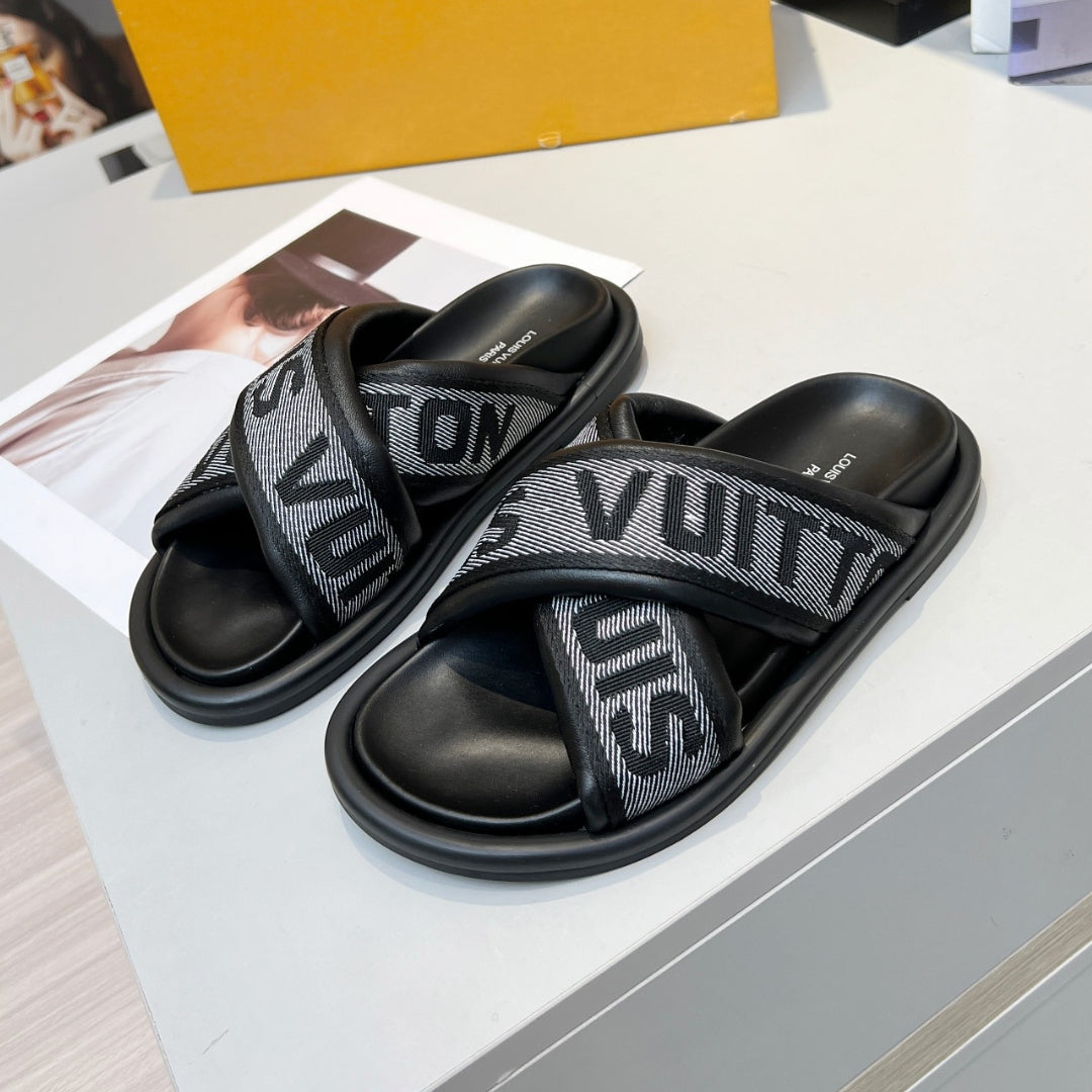 LV Black #2 Leather Slide Sandal