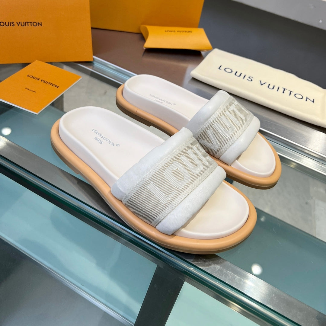 LV Off White 2 Leather Slide Sandal